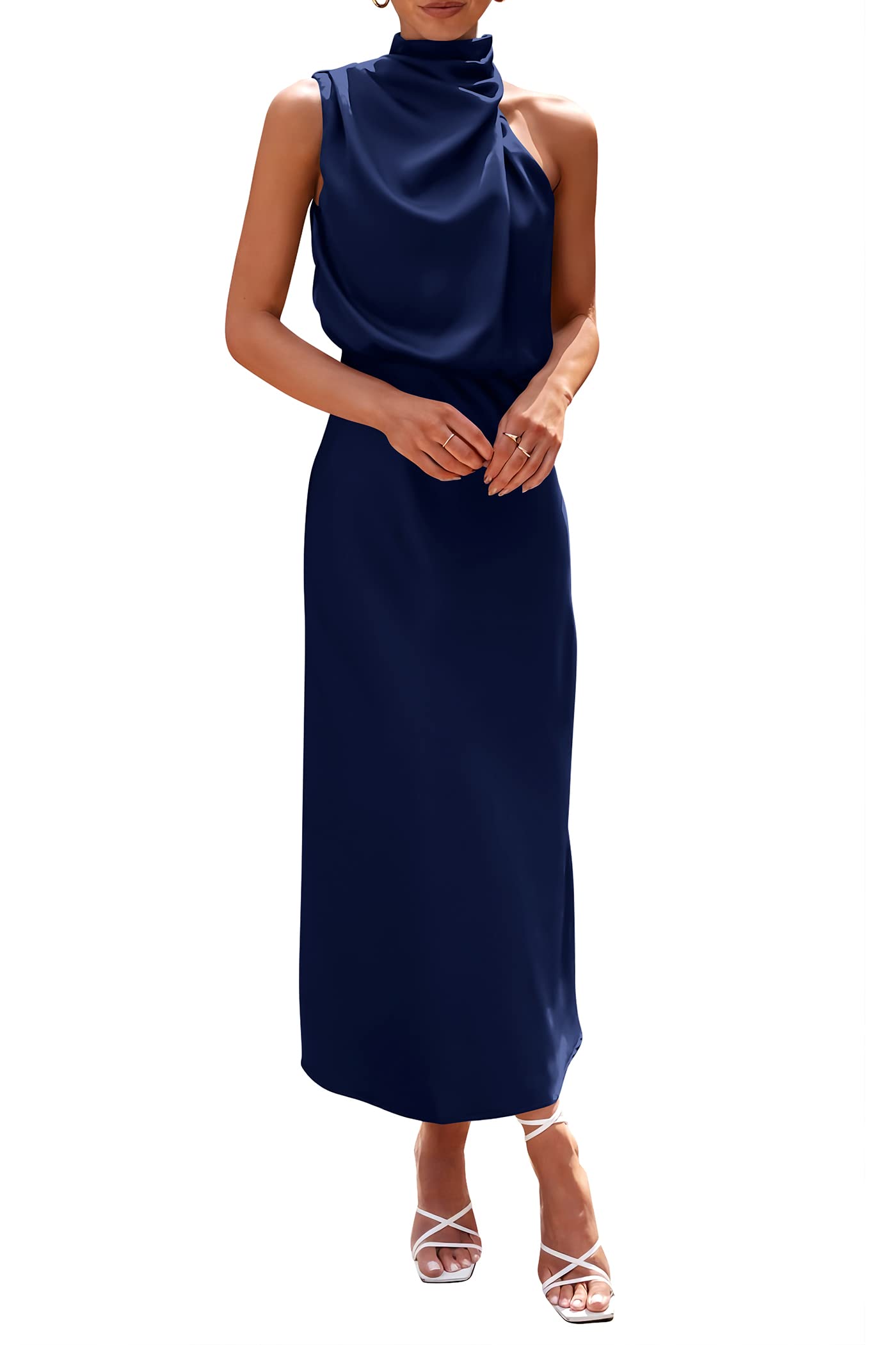 PRETTYGARDEN Women's Summer Satin Dress Elegant Sleeveless Mock Neck Cocktail Party Maxi Dresses