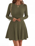 FreshPretty Womens Fall Long Sleeve Mini Sweater Dress,Fit and Flare Crewneck,Soft Lightweight Ribbed Knit,Casual A Line Short Cocktail Dresses,Elegant Fall Fashion Clothes