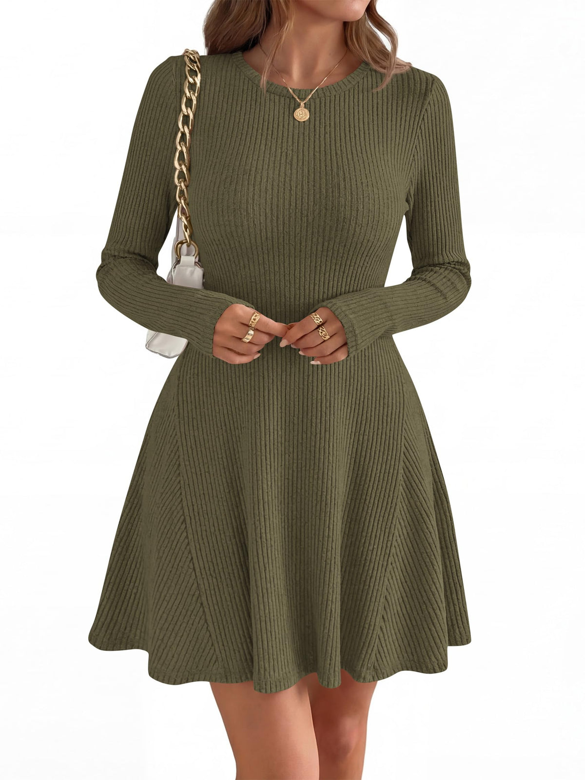 FreshPretty Womens Fall Long Sleeve Mini Sweater Dress,Fit and Flare Crewneck,Soft Lightweight Ribbed Knit,Casual A Line Short Cocktail Dresses,Elegant Fall Fashion Clothes