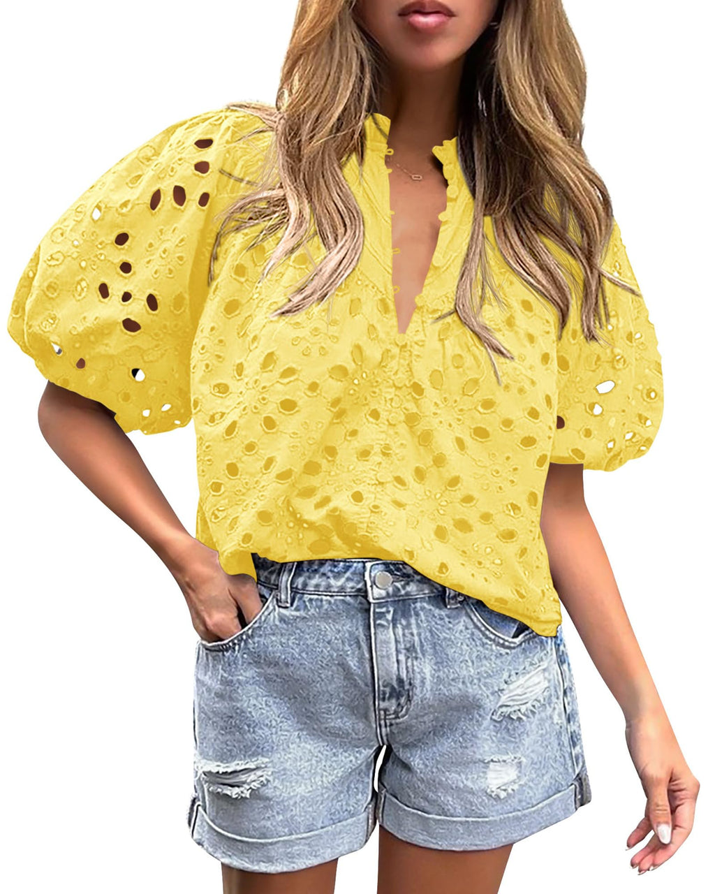 PRETTYGARDEN Women's Summer Tops Dressy Casual Short Sleeve V Neck Buttons Hollow Out Lace Embroidered Blouses Shirts