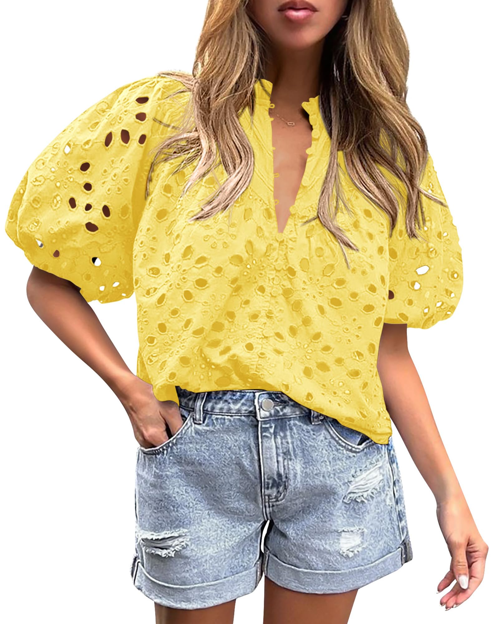 PRETTYGARDEN Women's Summer Tops Dressy Casual Short Sleeve V Neck Buttons Hollow Out Lace Embroidered Blouses Shirts