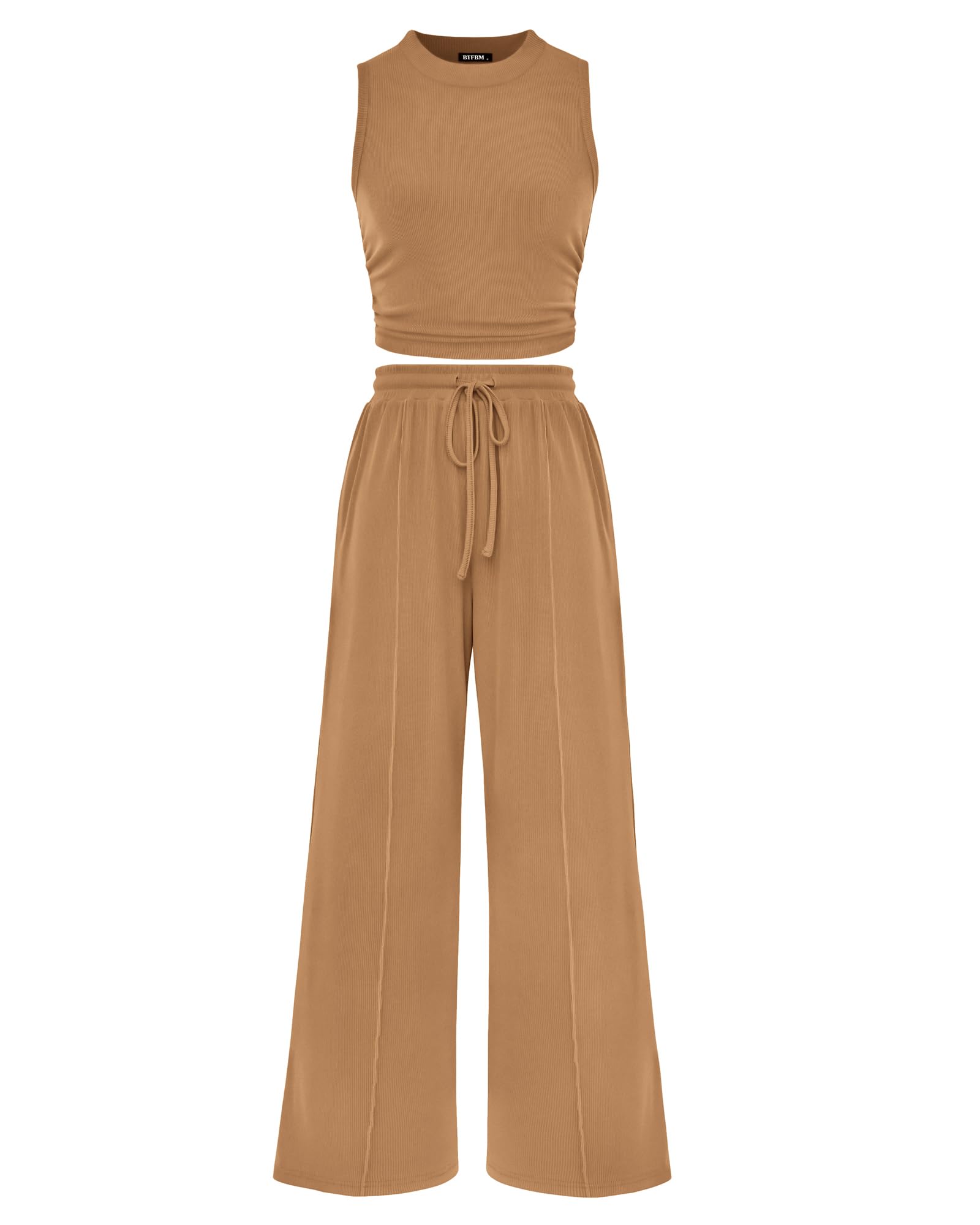BTFBM Summer Outfits For Women Cropped Sleeveless Tank Tops Wide Leg Pants 2 Piece Sets Beach Lounge Set Clothing