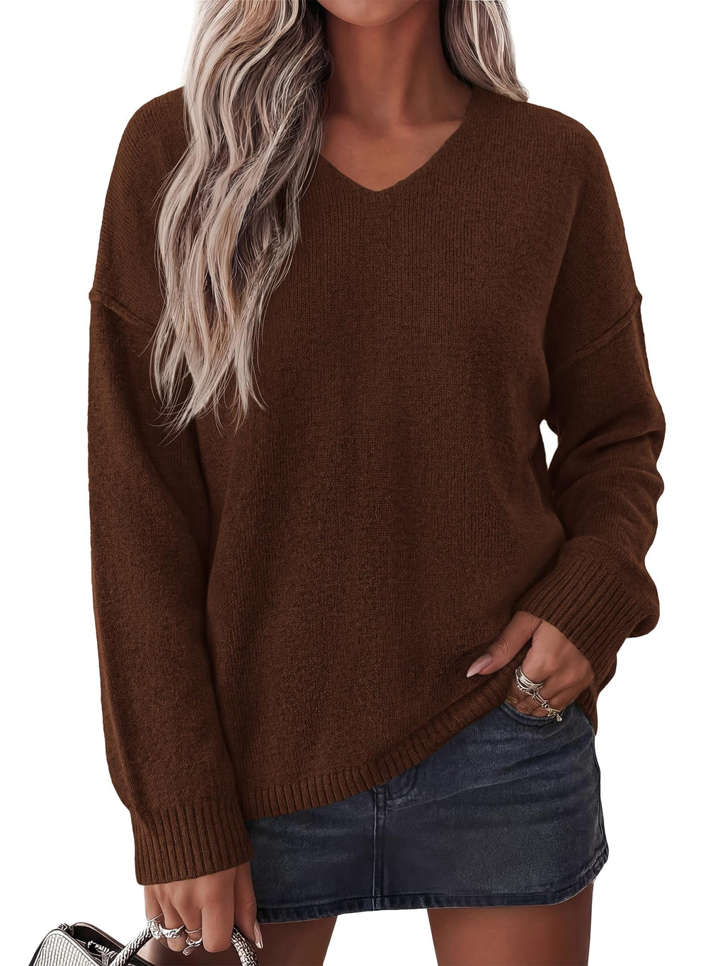 BTFBM Women's Loose Knitted Casual Sweaters | V Neck,Long Sleeve Sweater,Slouchy Pullover Tops,Fall Winter Clothes