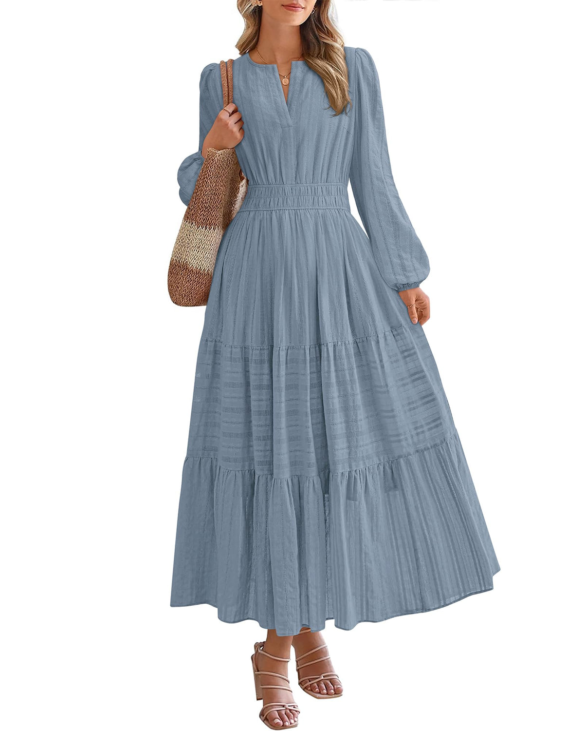 BTFBM Spring Dresses for Women 2026 Casual Long Sleeve V Neck Elastic Waist Lightweight Maxi Wedding Guest Dress Pockets