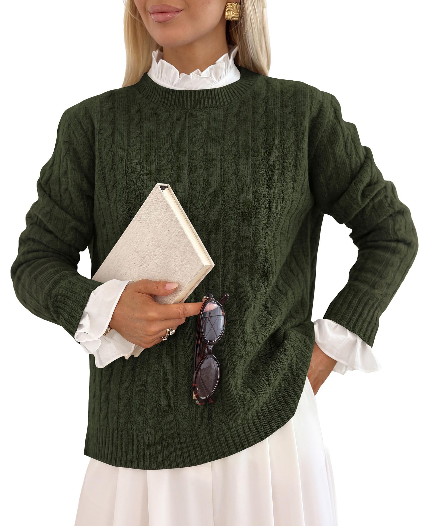 PRETTYGARDEN Women's Cable Knit Sweaters Long Sleeve Pullover Fall Outfits Soft Cozy Knit Tops, Ribbed Crewneck Regular Fit, Basic Daily, Work Business Casual, Teacher Outfits, Winter Layer Clothing