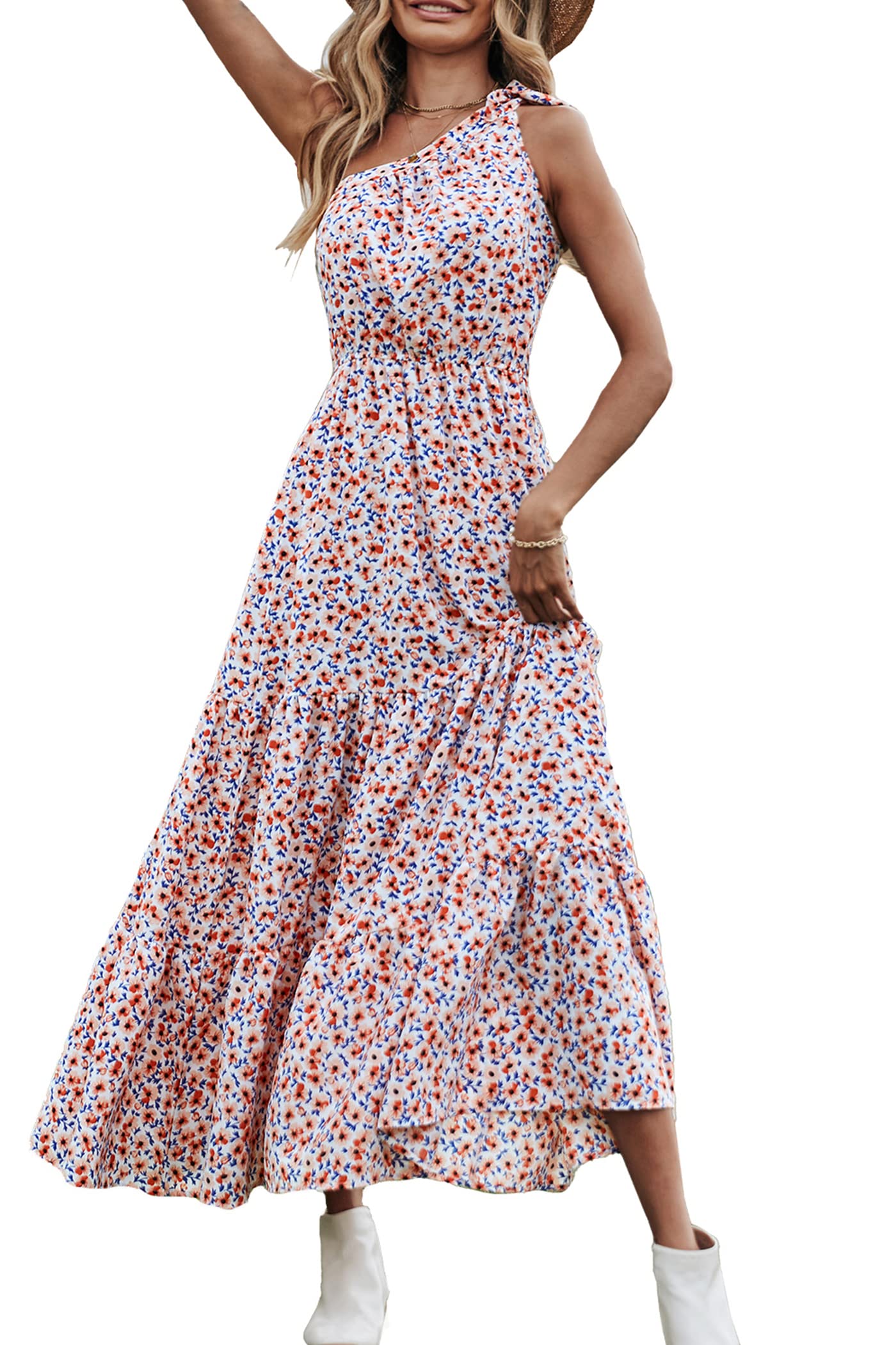 PRETTYGARDEN Women's Summer Floral One Shoulder Maxi Dress Knot Ruffle Boho Beach Vacation Wedding Guest Long Sun Dresses