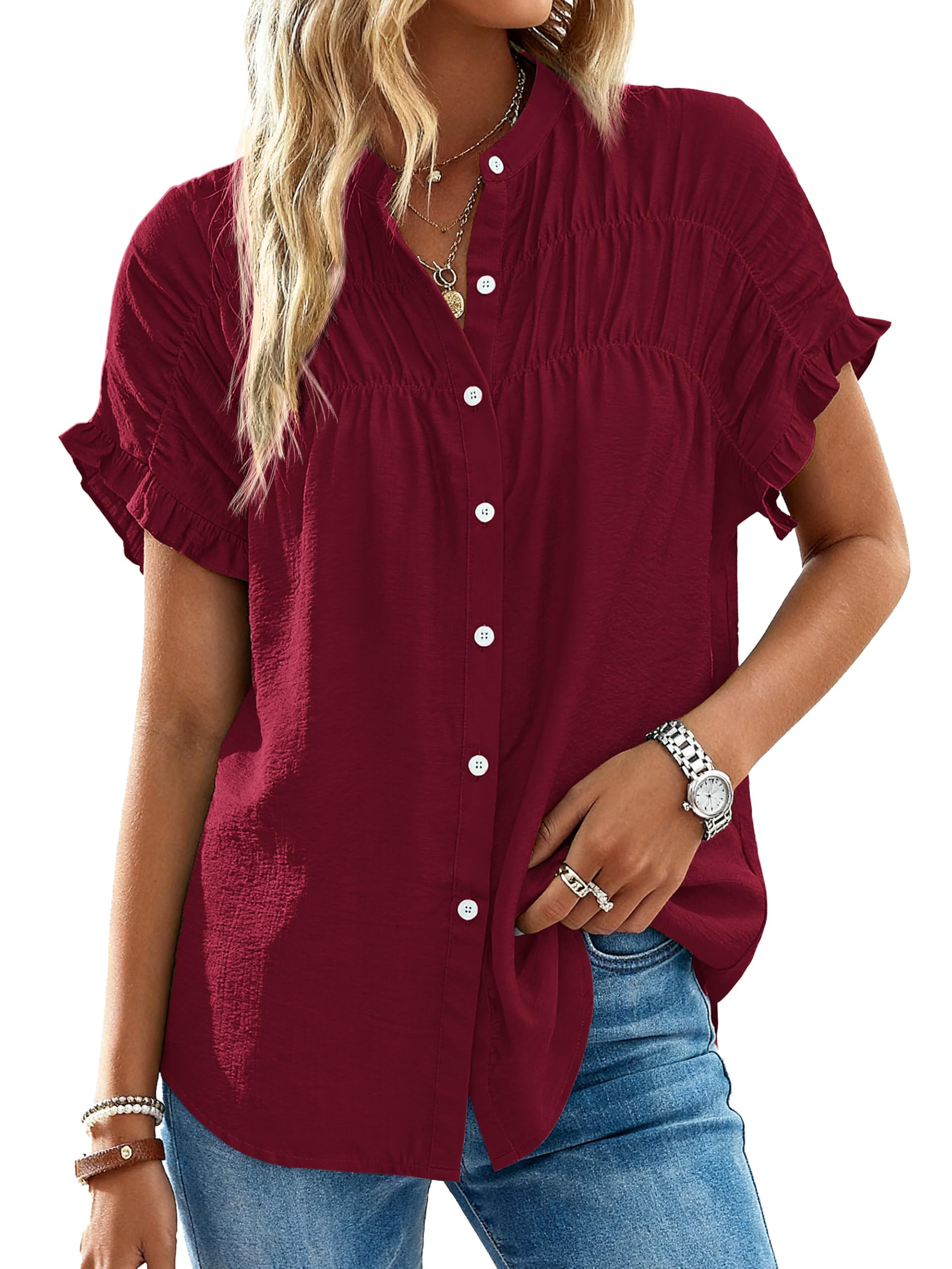 FreshPretty Womens Button Down Shirts Ruffle Short Sleeve Loose Summer Tops Dressy Casual V Neck Business Work Blouses