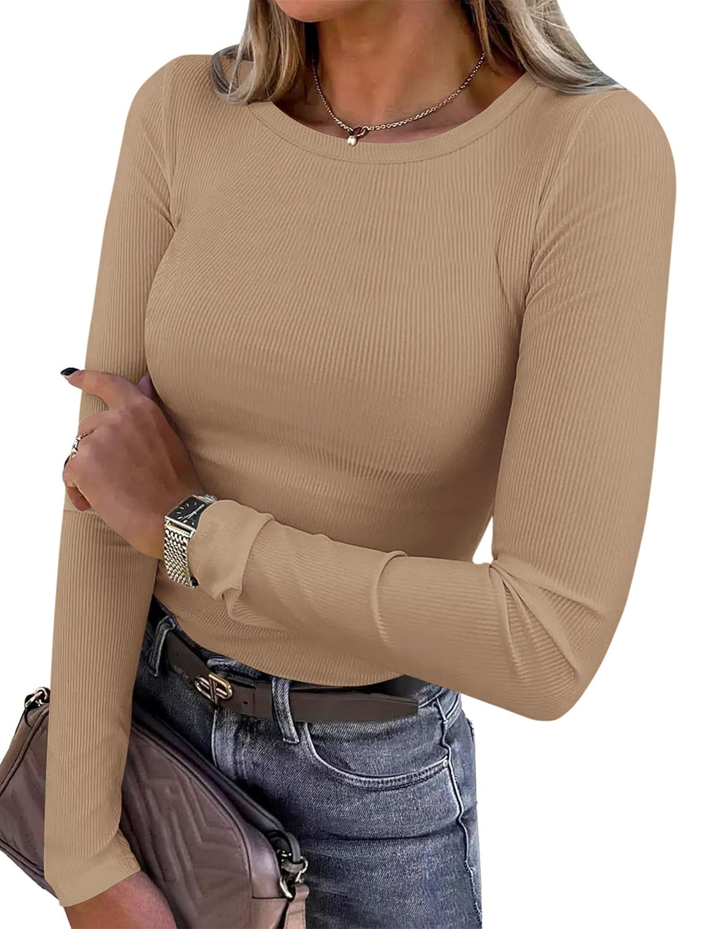 PRETTYGARDEN Women Fall Clothes Long Sleeve Shirts Ribbed Knit Fitted Basic Tee Going Out Tops Underscrub Casual Outfits