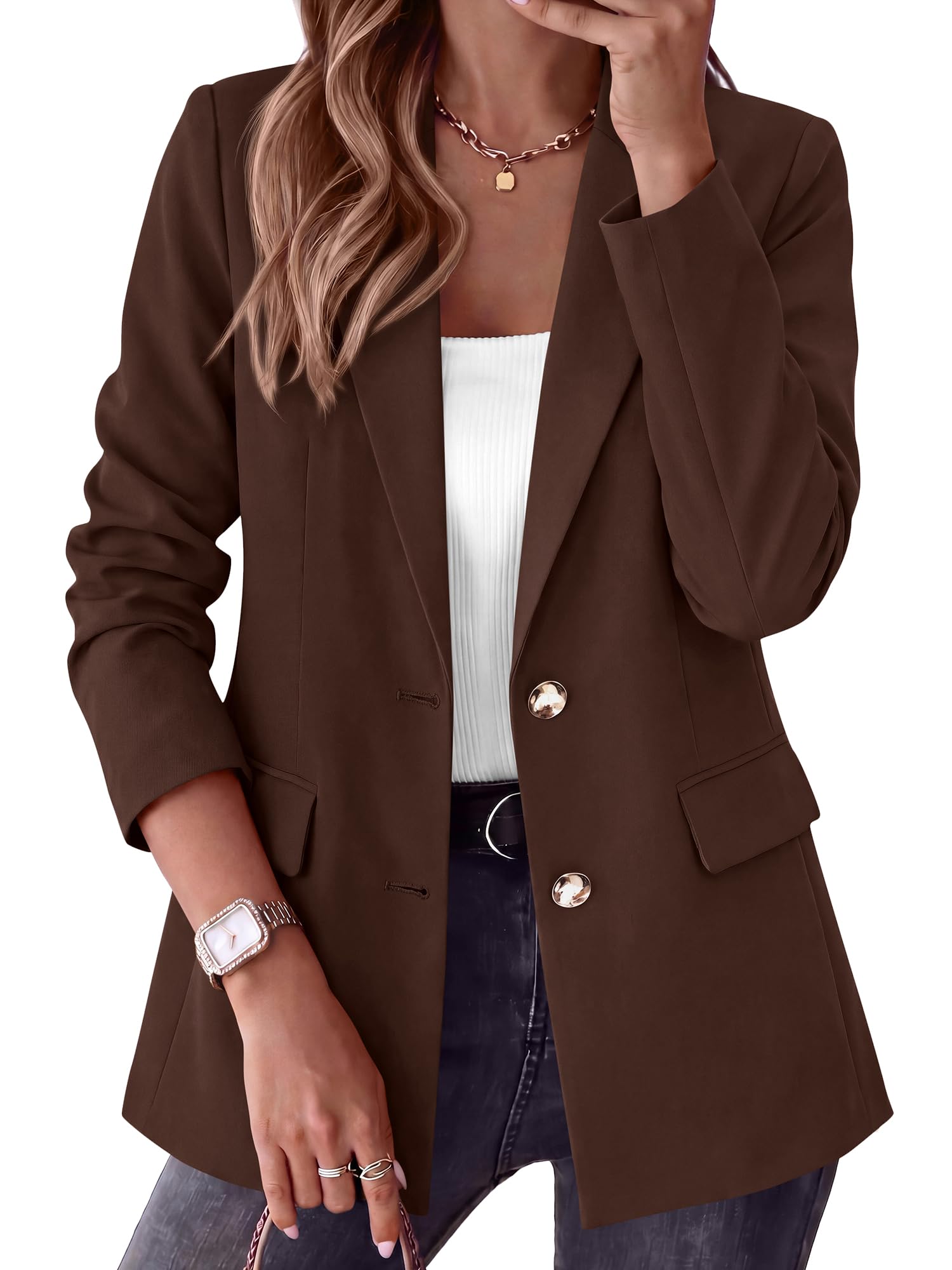 BTFBM Blazers for Women Business Casual Outfits Work Fall Clothes Breasted Notch Lapel, Long Sleeve, Gold Button, Fitted, Open Front Suit Jackets, Pockets, Dressy Professional Office Blazer