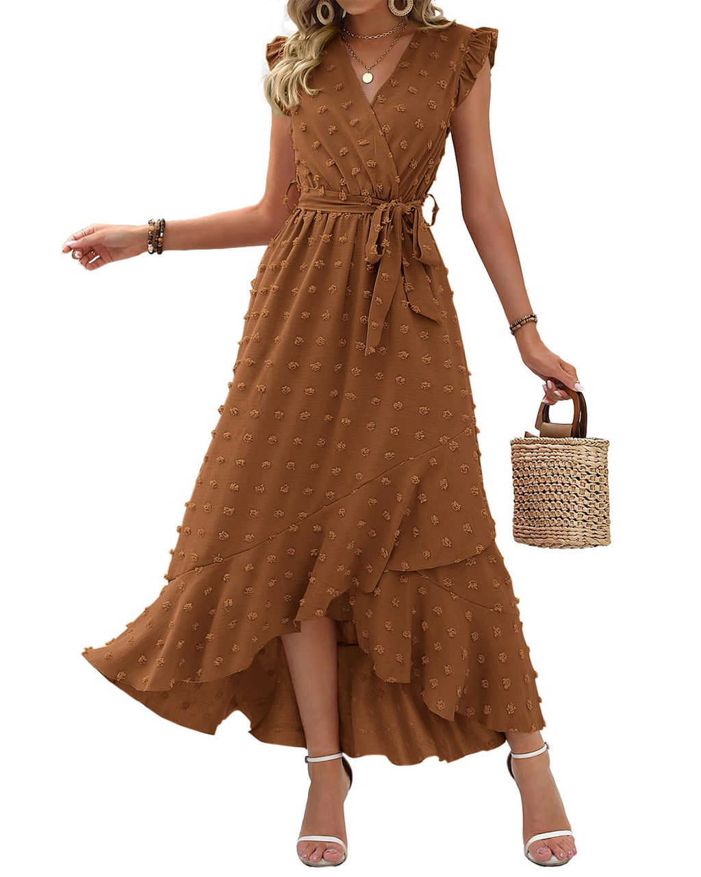 BTFBM Boho Dresses for Women Spring Fashion Cap Sleeve Swiss Dot Flowy Ruffle Beach Wedding Cocktail Maxi Dress