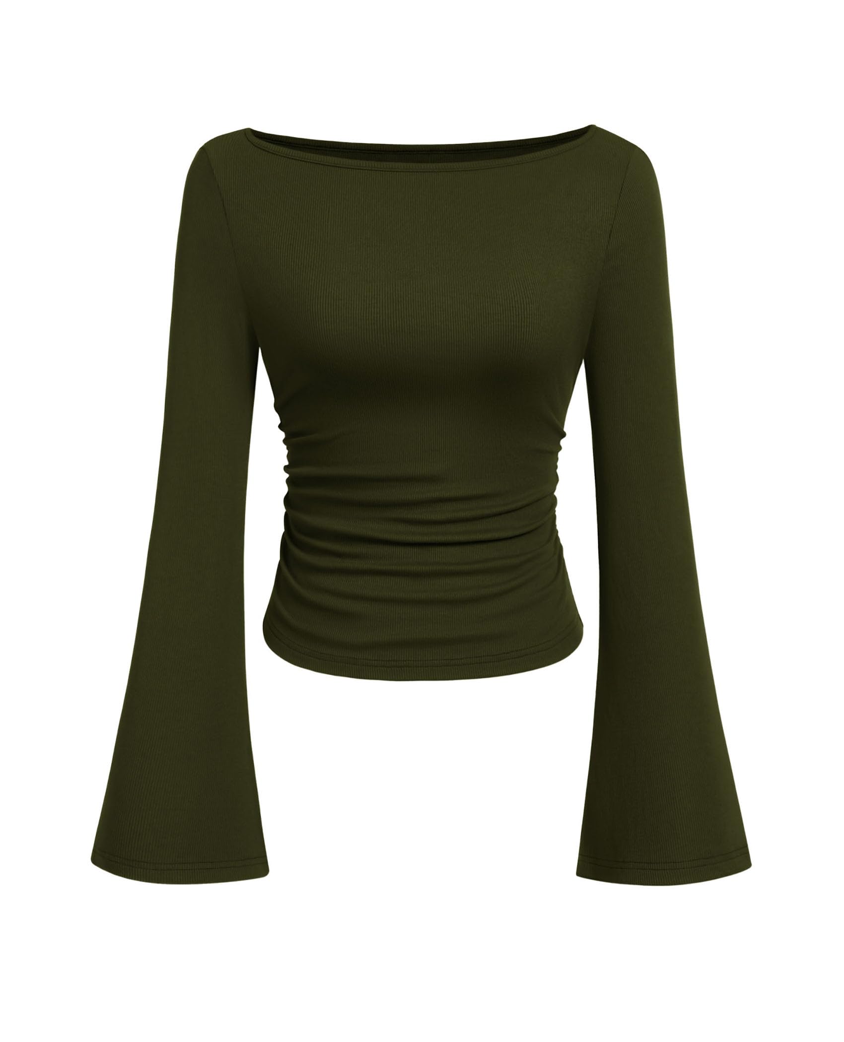 PRETTYGARDEN Women's Long Sleeve Shirts Fall Crop Going Out Tops Casual Boat Neck Bell Sleeve Ribbed Ruched Y2K Clothes
