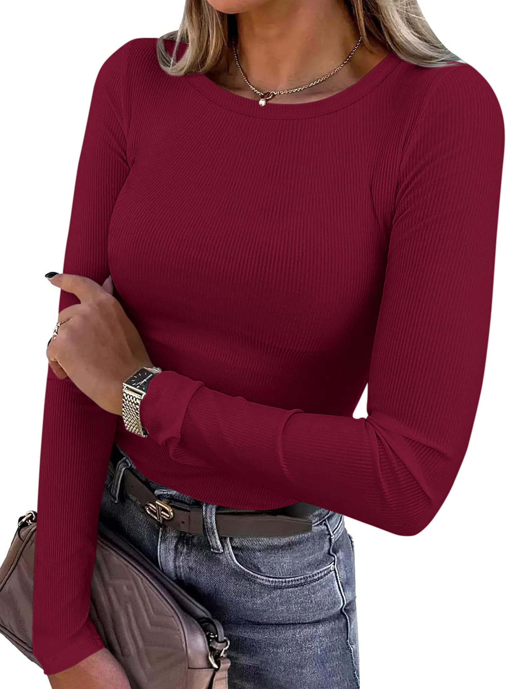 PRETTYGARDEN Women Fall Clothes Long Sleeve Shirts Ribbed Knit Fitted Basic Tee Going Out Tops Underscrub Casual Outfits