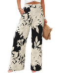 FreshPretty Womens Wide Leg Summer Pants Boho Beach Vacation Loose Elastic Waist Printed Palazzo Pant Pockets