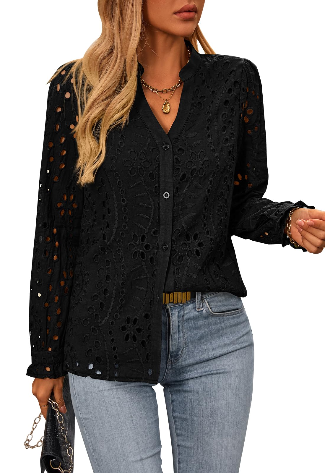 FreshPretty Women's Long Sleeve Shirts Button Down Dressy Casual Blouses V Neck Embroidery Hollow Out Tops Fall Winter Clothes