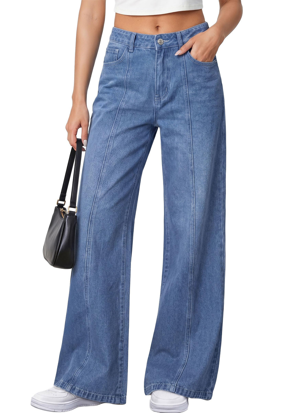 PRETTYGARDEN Women's Wide Leg Jeans High Waisted Stretchy Baggy Seamed Front Denim Palazzo Pants Summer Fashion Clothes