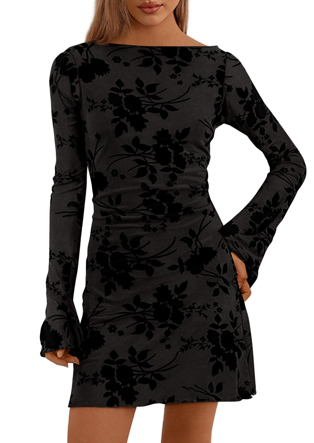 PRETTYGARDEN Women's Fall Fashion Floral Long Sleeve Mini Dress Mesh Bodycon Short Party Date Night Going Out Dresses