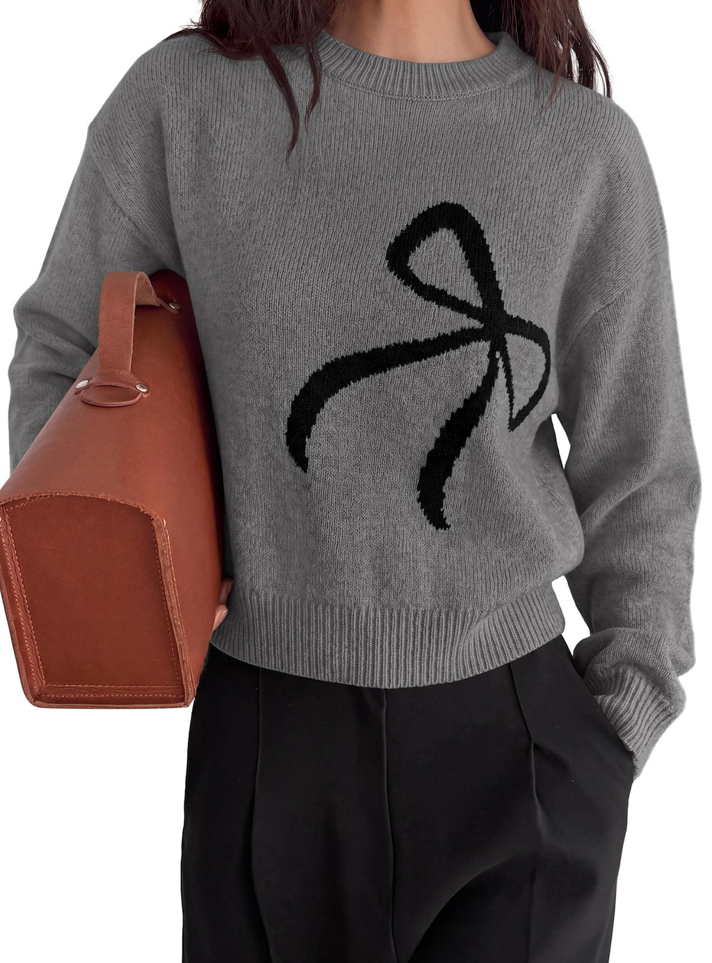PRETTYGARDEN Womens Bow Sweater Cute Crewneck Long Sleeve Tops Fall Soft Cozy Knit Pullover,Relaxed Fit,Holiday Sweaters,Daily Wear,Work Office,Casual Going Out Y2k Tops,Winter Fashion Clothing