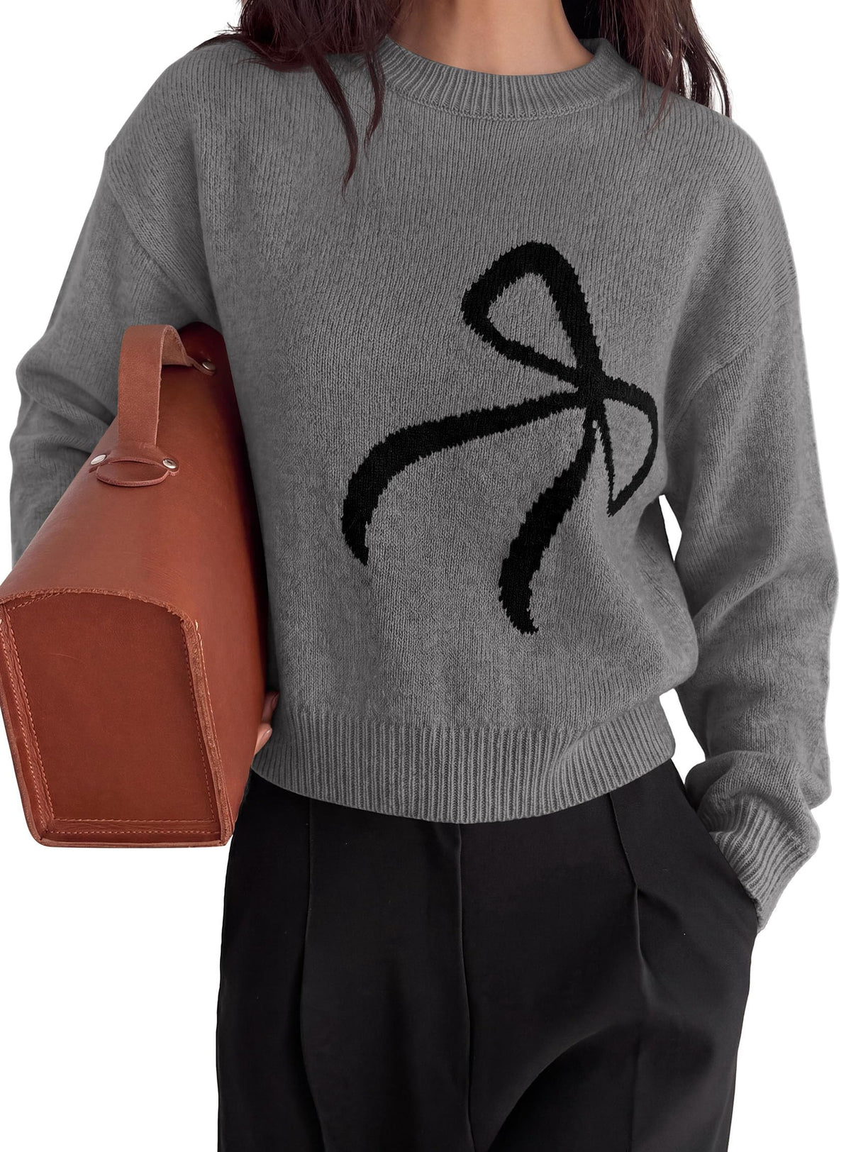 PRETTYGARDEN Womens Bow Sweater Cute Crewneck Long Sleeve Tops Fall Soft Cozy Knit Pullover,Relaxed Fit,Holiday Sweaters,Daily Wear,Work Office,Casual Going Out Y2k Tops,Winter Fashion Clothing