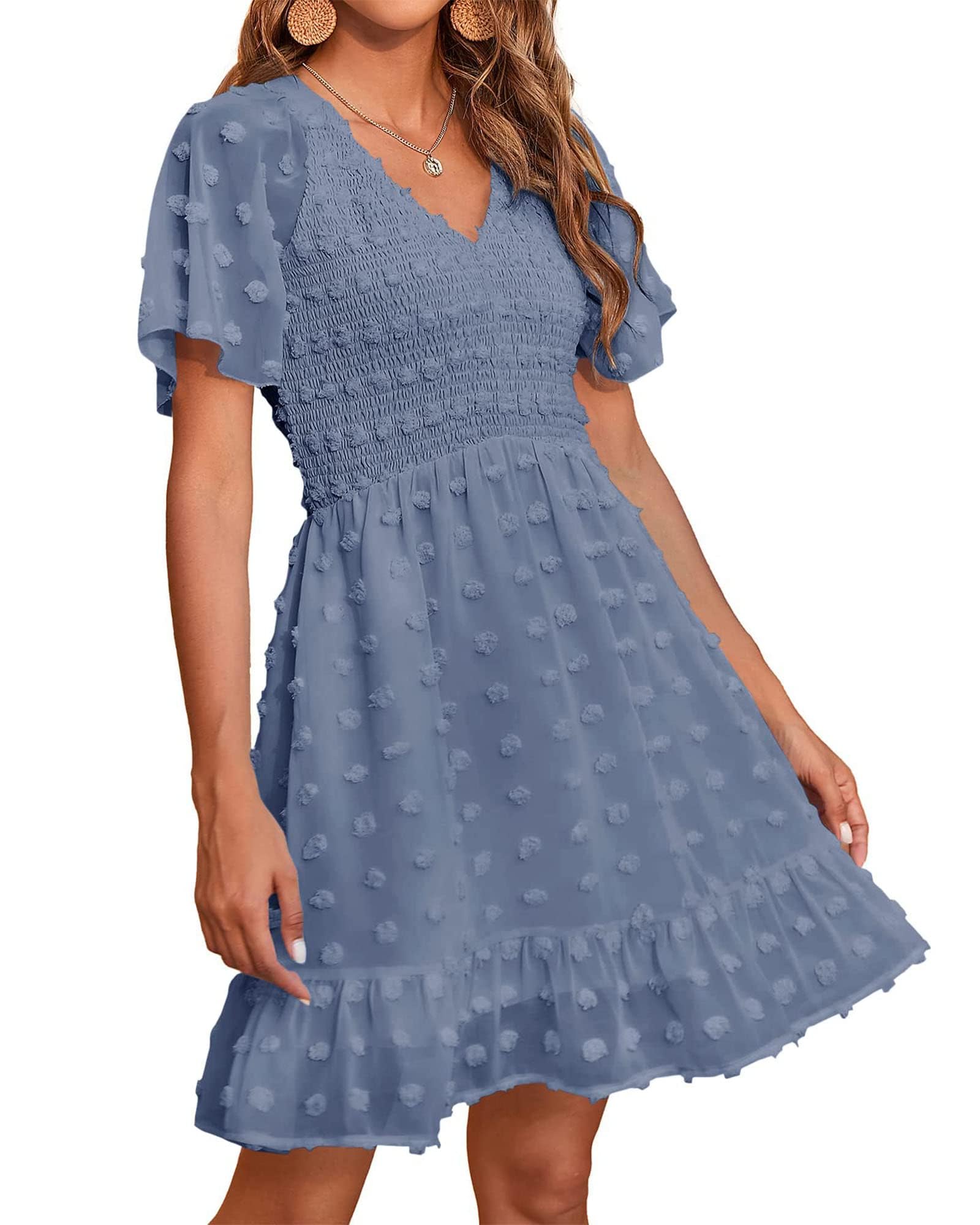 FreshPretty Womens Beach Vacation Dress Summer V Neck Short Sleeve Smocked Swiss Dot Ruffle Casual Mini Spring Dresses