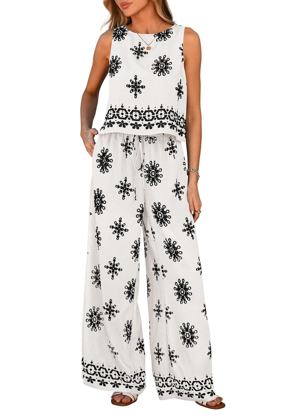 PRETTYGARDEN Women's Summer 2 Piece Lounge Sets Boho Floral Tank Tops Flowy Wide Leg Pants Travel Beach Vacation Outfits
