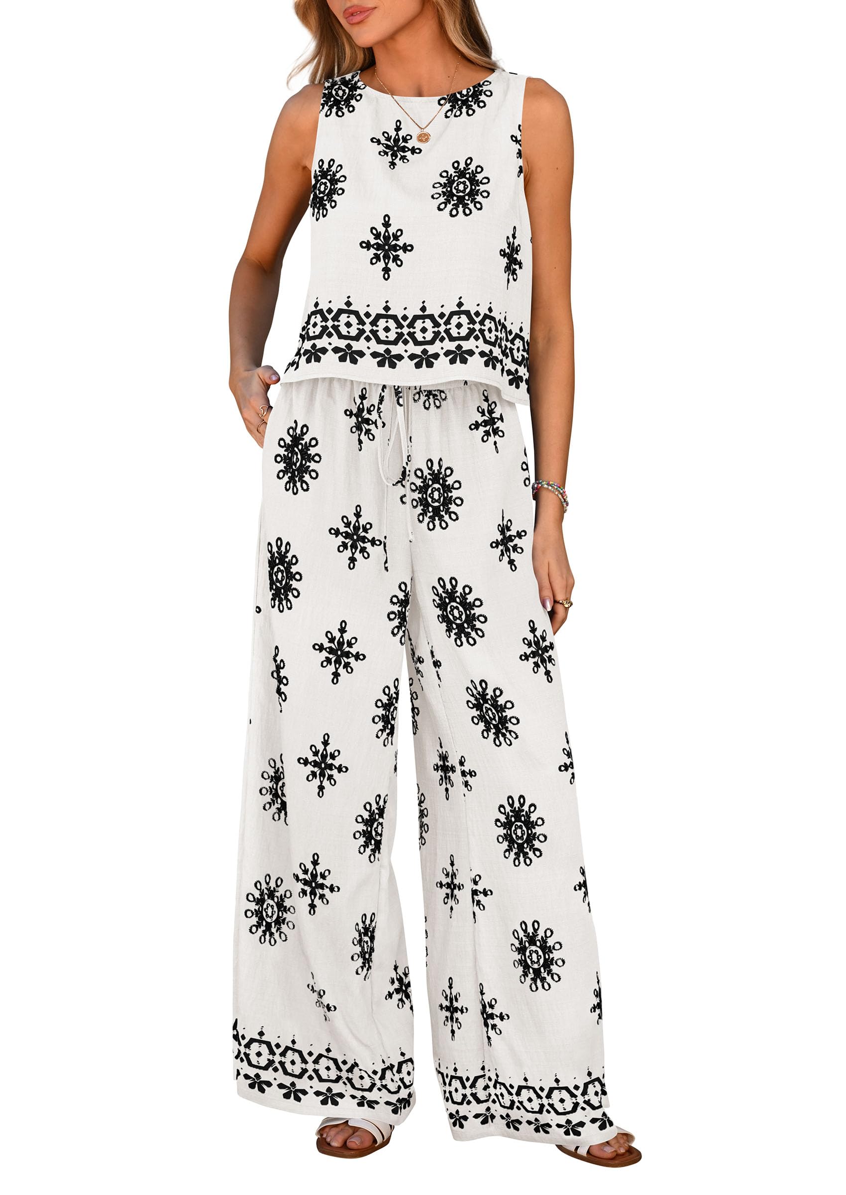 PRETTYGARDEN Women's Summer 2 Piece Lounge Sets Boho Floral Tank Tops Flowy Wide Leg Pants Travel Beach Vacation Outfits