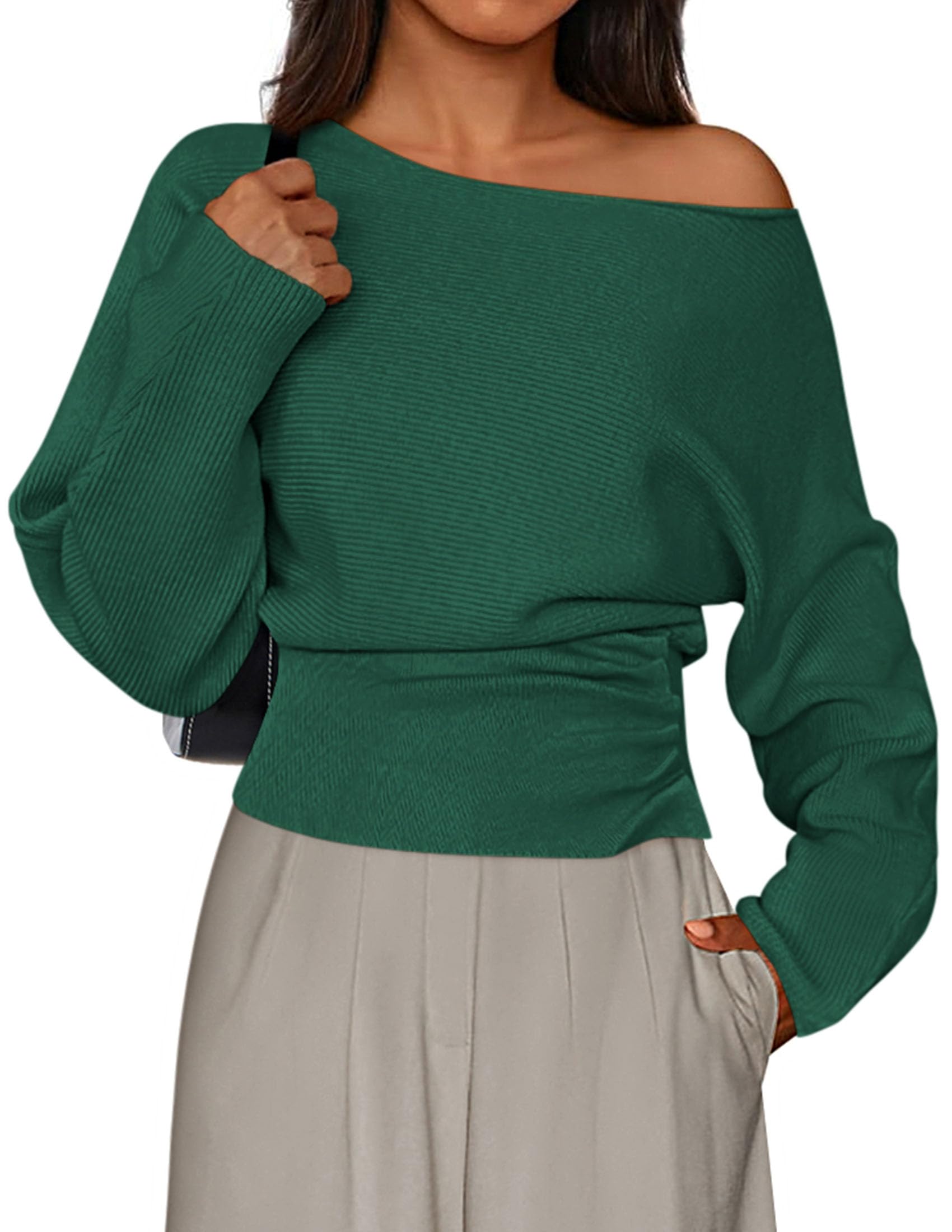 PRETTYGARDEN Women Off the Shoulder Sweater  Fall Trendy Long Batwing Sleeve Knit Pullover Going Out Tops Winter Clothing