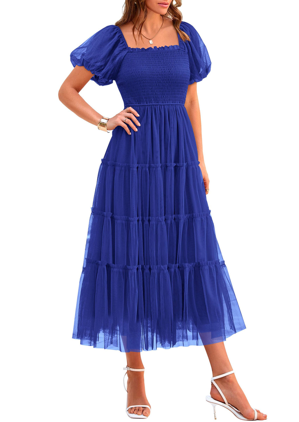 PRETTYGARDEN Women's Smocked Midi Tulle Dress  Summer Puffy Short Sleeve Square Neck Ruffle Wedding Guest Party Dresses