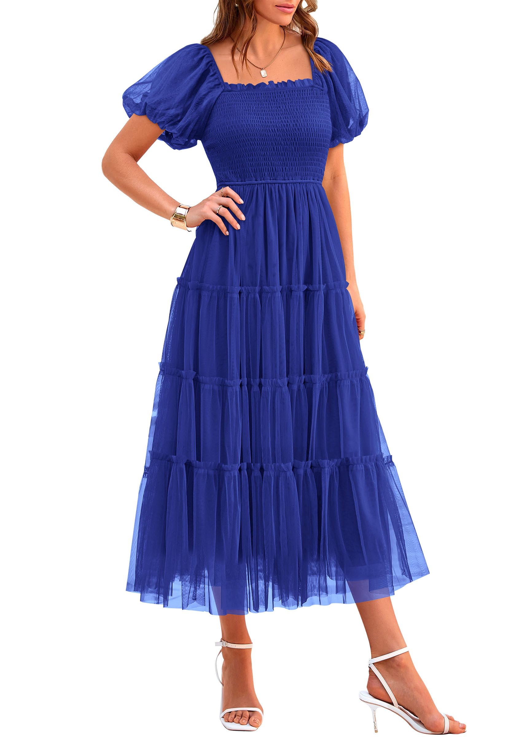 PRETTYGARDEN Women's Smocked Midi Tulle Dress  Summer Puffy Short Sleeve Square Neck Ruffle Wedding Guest Party Dresses