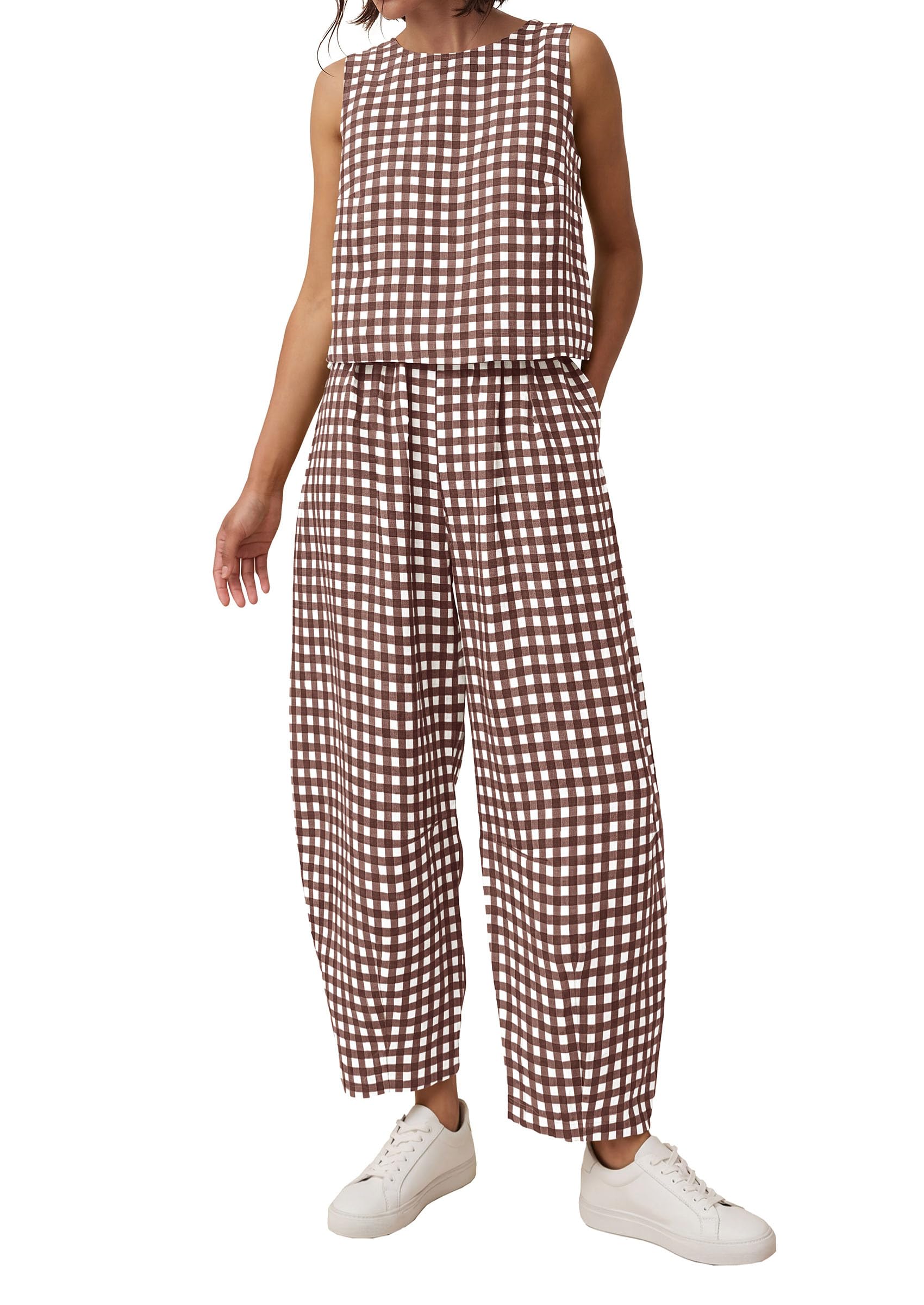 PRETTYGARDEN Womens 2 Piece Sets Summer Plaid Sleeveless Tops Wide Leg Pants Matching Lounge Set Beach Vacation Outfits