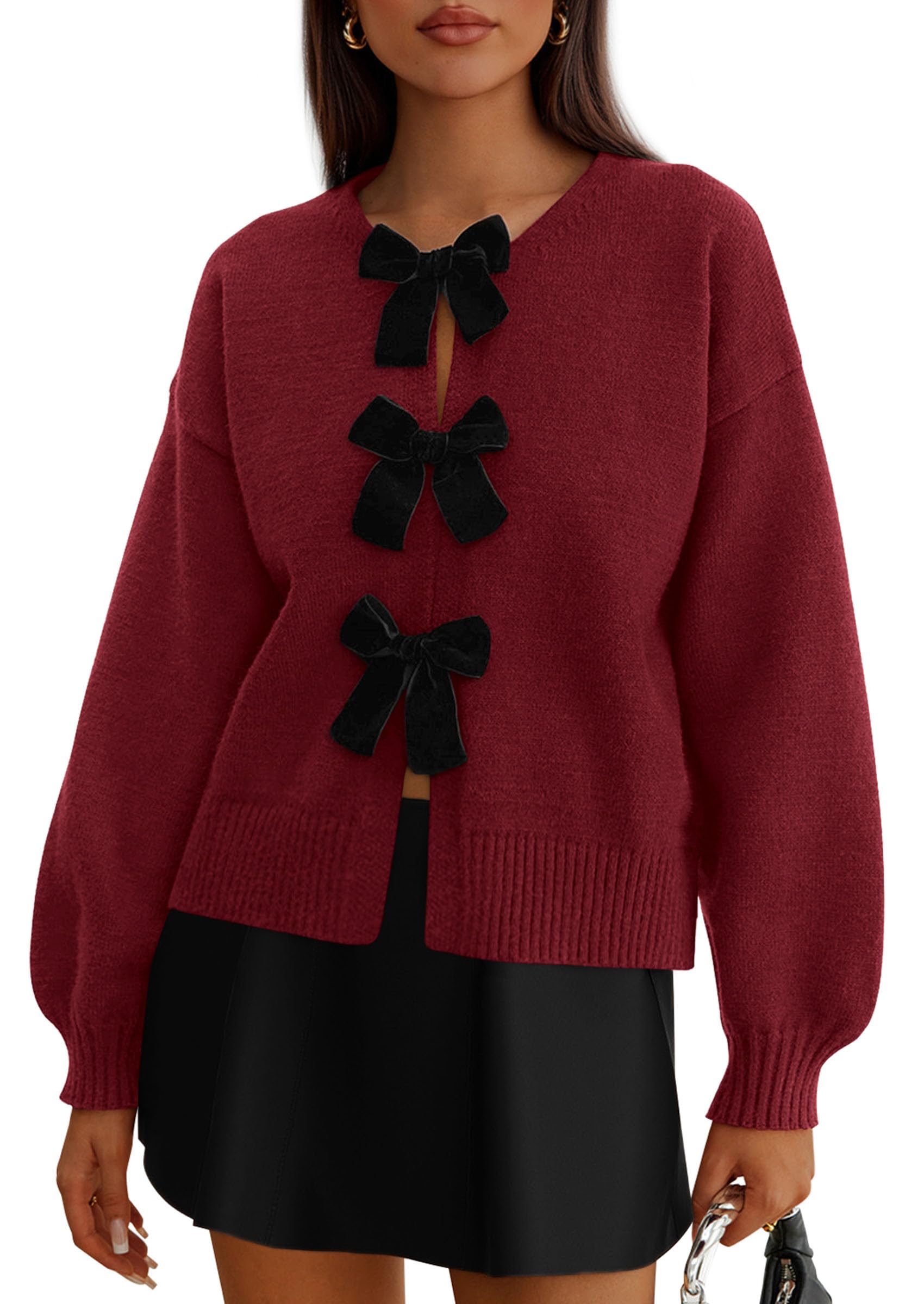 PRETTYGARDEN Cardigan Sweaters for Women Fall Fashion Bow Tie Front Long Sleeve Knit Sweater Tops Cute Winter Clothes