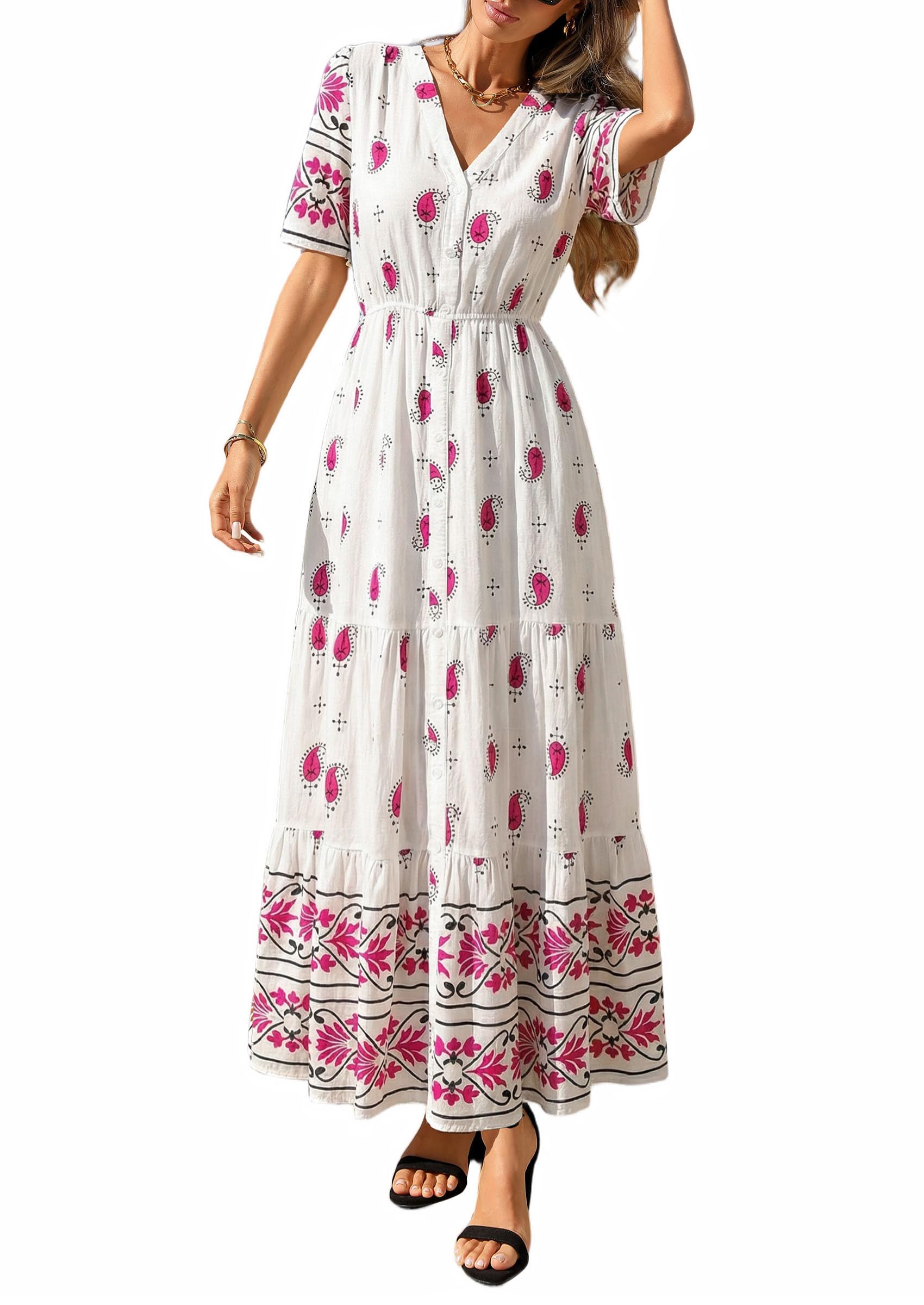 PRETTYGARDEN Womens Summer Boho Maxi Dress Trendy Short Sleeve V Neck Flowy Beach Floral Dresses with Pockets