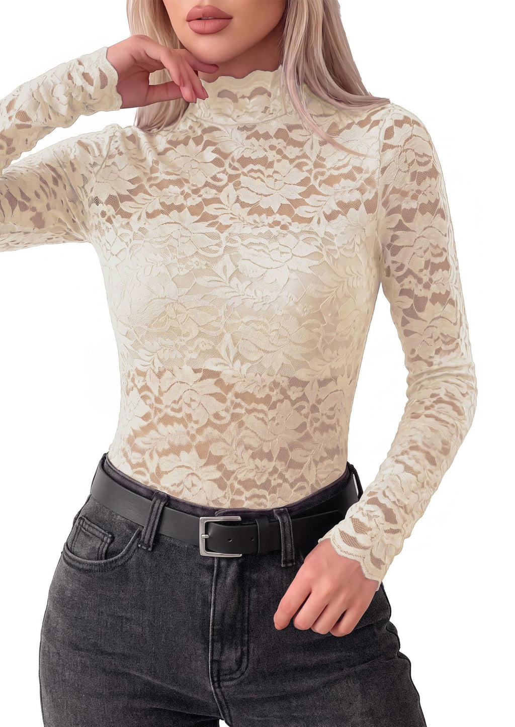 PRETTYGARDEN Womens Lace Long Sleeve Tops Sheer Mesh Blouse | Mock Neck Floral See Through, Slim Fitted, Soft Stretchy Elegant, Going Out Concert, Club Party Outfits, Fall Fashion Clothes