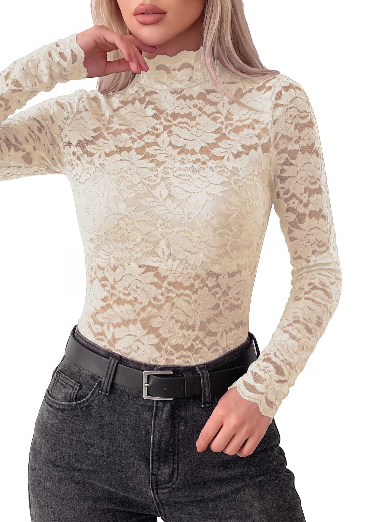 PRETTYGARDEN Womens Lace Long Sleeve Tops Sheer Mesh Blouse | Mock Neck Floral See Through, Slim Fitted, Soft Stretchy Elegant, Going Out Concert, Club Party Outfits, Fall Fashion Clothes