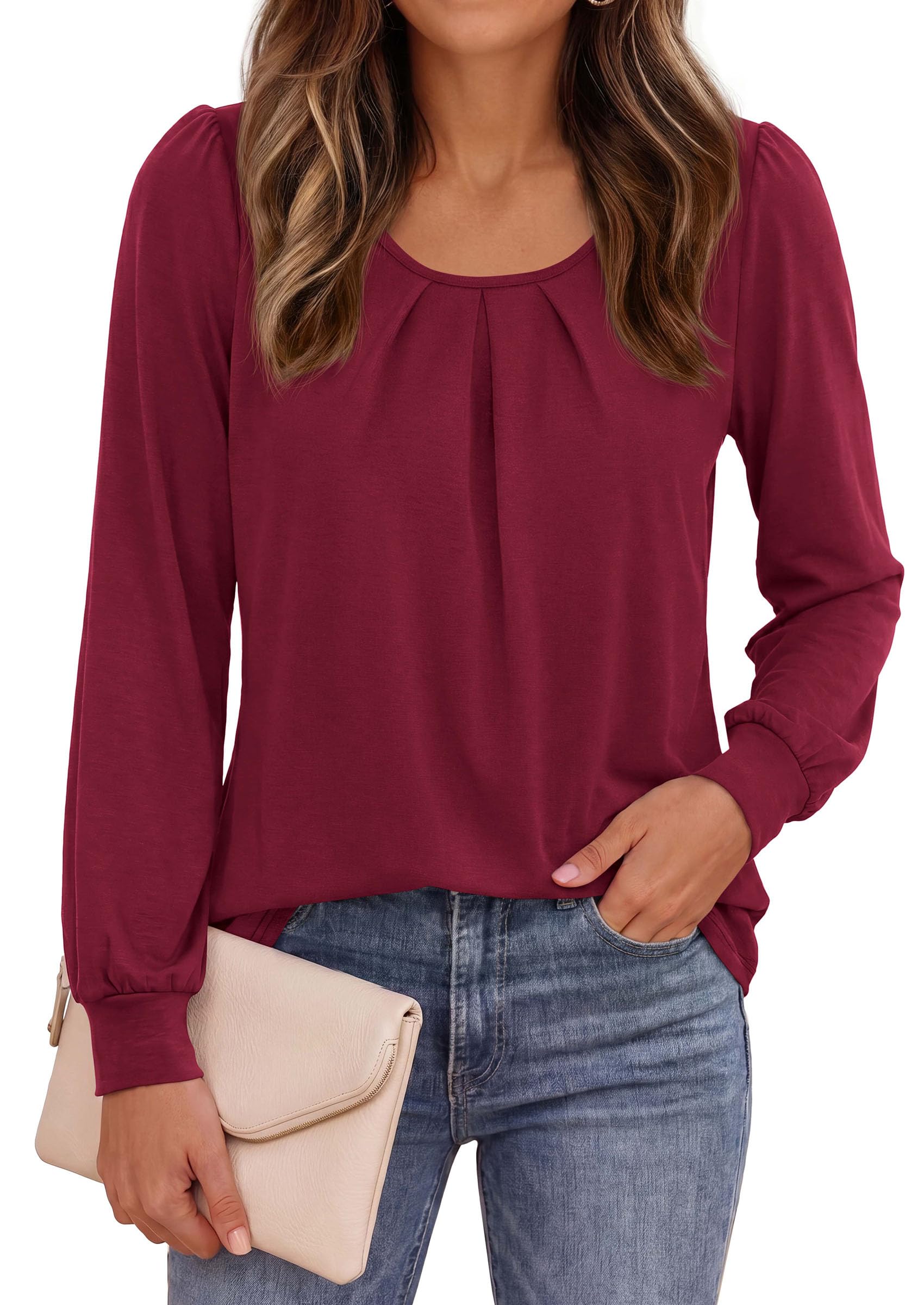 PRETTYGARDEN Womens Long Puff Sleeve Tops Crew Neck Blouse | Pleated Front, Loose Fit Soft, Business Casual Work Shirts, Dressy Daily Wear, School Travel Outfits, Fall Winter Clothing