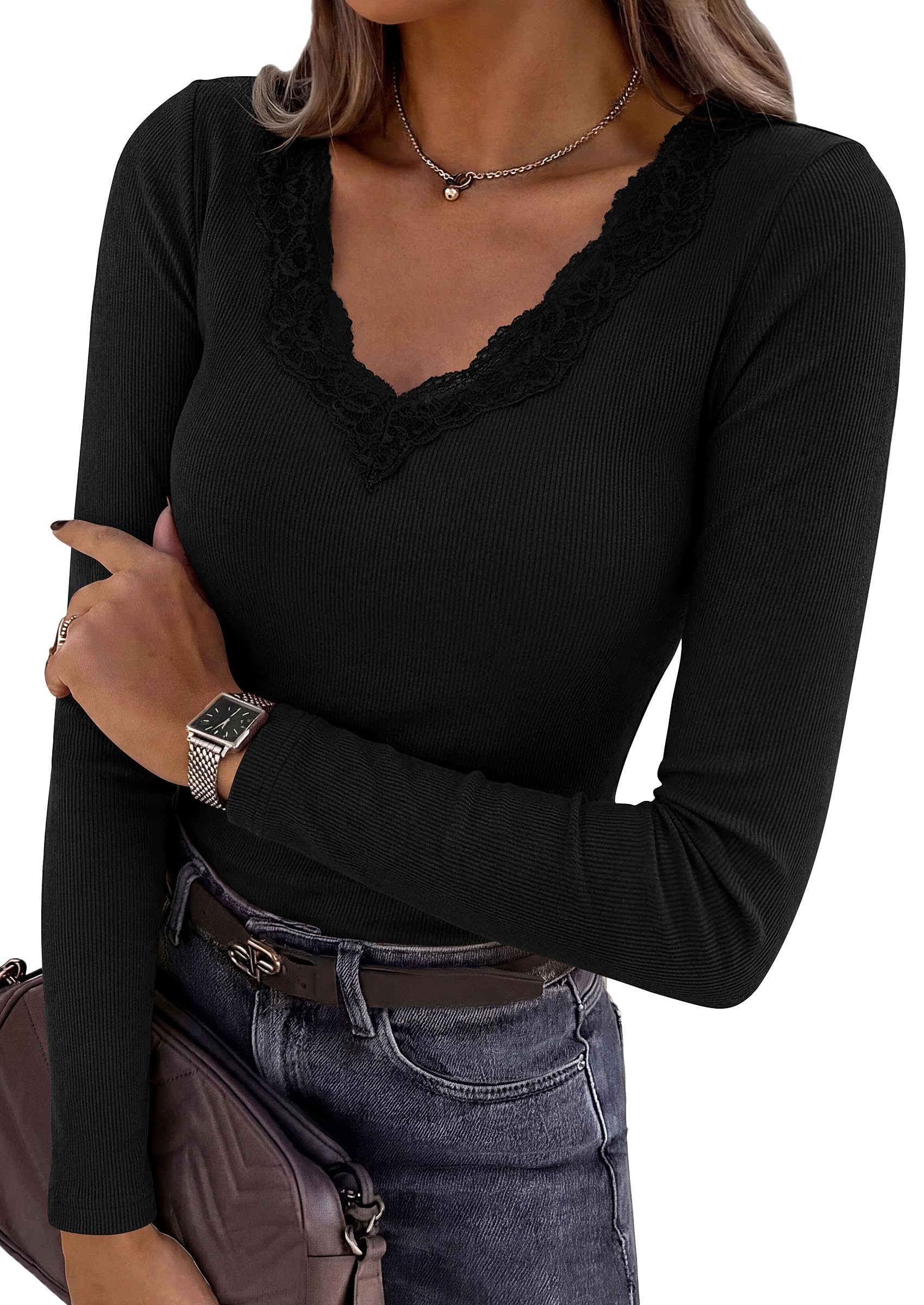 PRETTYGARDEN Women's Lace V Neck Long Sleeve Fitted T Shirts | Going Out Tops, Basic Tees, Soft Stretchy Ribbed Knit Underscrub, Casual Blouses, Y2K Fall Outfits, Layering Winter Clothing