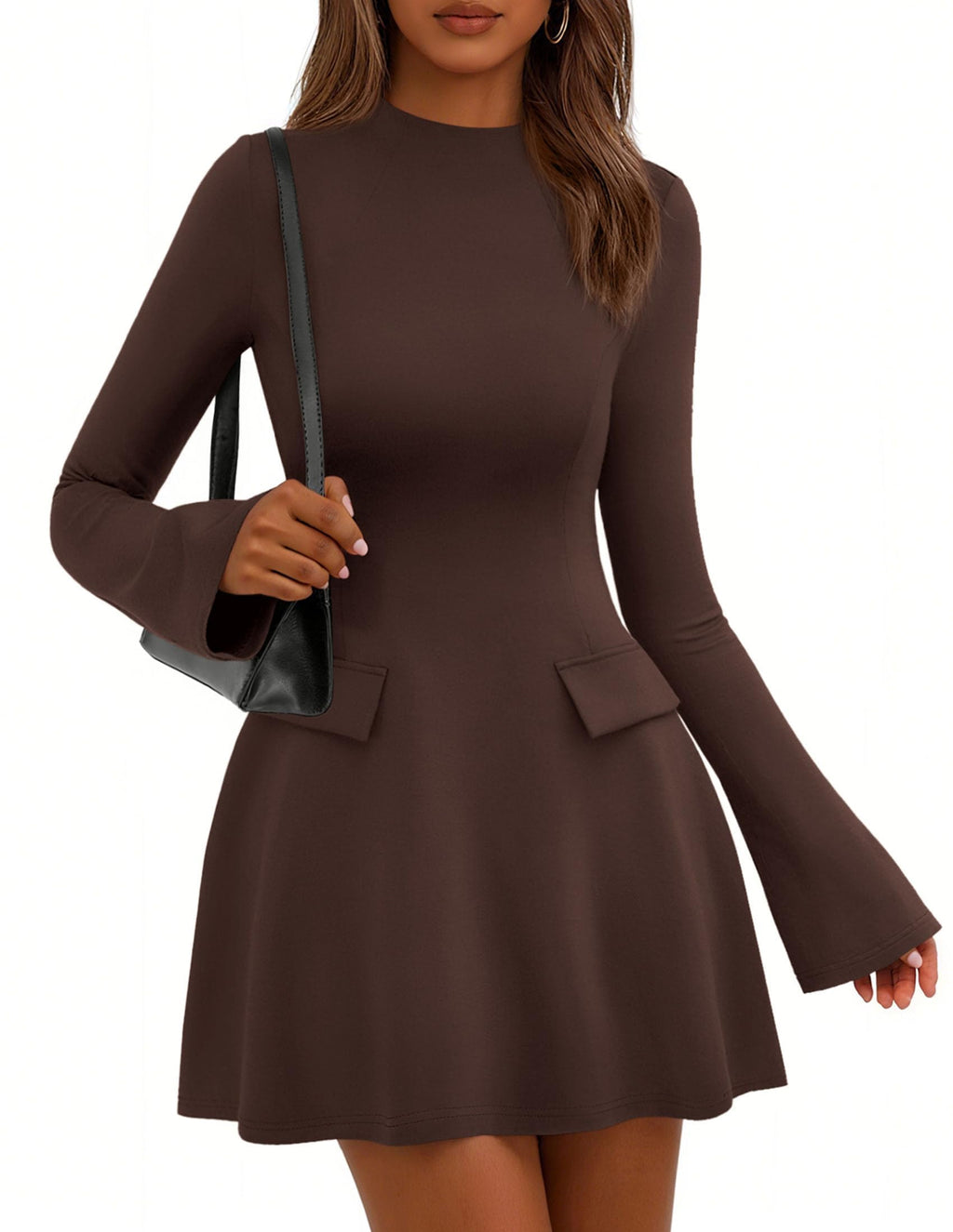 PRETTYGARDEN Women's Elegant Holiday Short Dress  Fall Bell Long Sleeve Mock Neck Work Business Casual Party Mini Dress