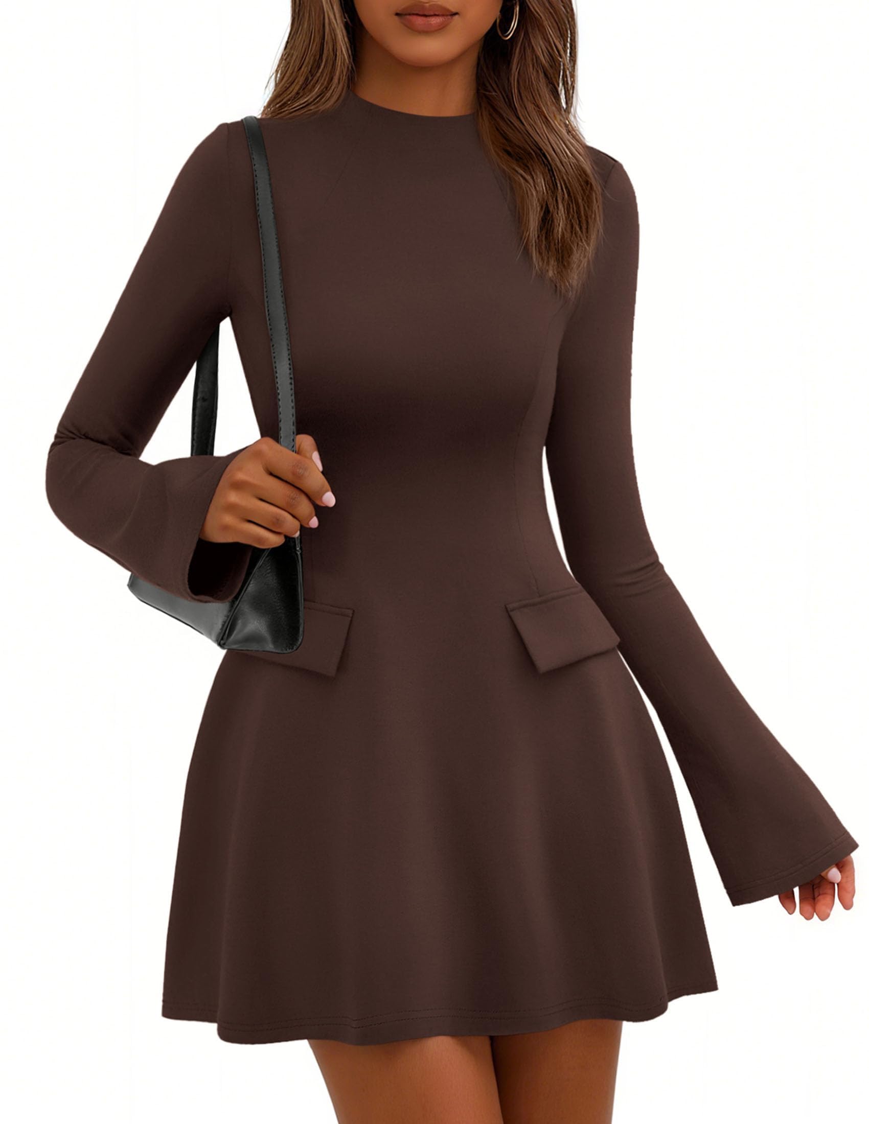 PRETTYGARDEN Women's Elegant Holiday Short Dress  Fall Bell Long Sleeve Mock Neck Work Business Casual Party Mini Dress