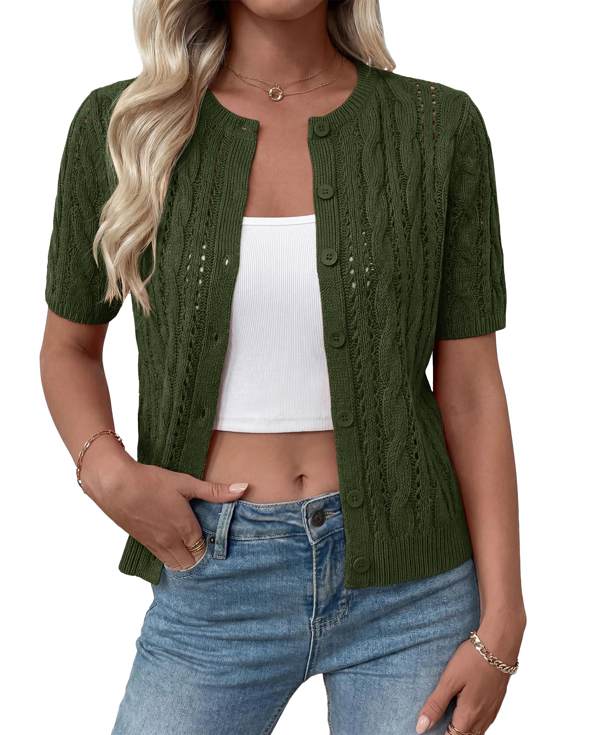 FreshPretty  Women Summer Cable Knit Crochet Cardigan Sweaters Casual Button Short Sleeve Sweater Cute Beach Hollow Out Knit Top