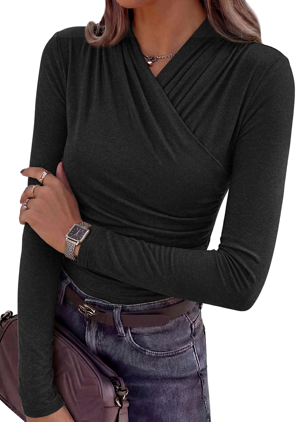 PRETTYGARDEN Womens Long Sleeve Shirts Going Out Wrap Top | Soft Heathered Stretchy Viscose Fitted Blouse, V Neck Ruched Waist Dressy Tops, Office Business Casual Fall Winter Daily Wear