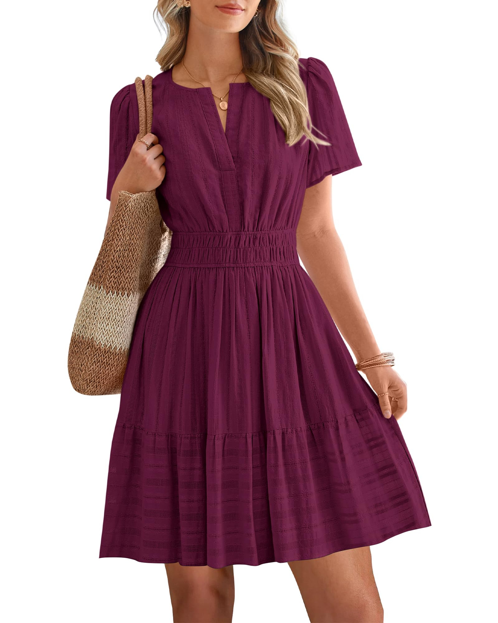 BTFBM Womens Spring  Casual Mini Dresses Lightweight Short Sleeve V Neck Elastic Waist Cute Boho Beach Dress Pockets