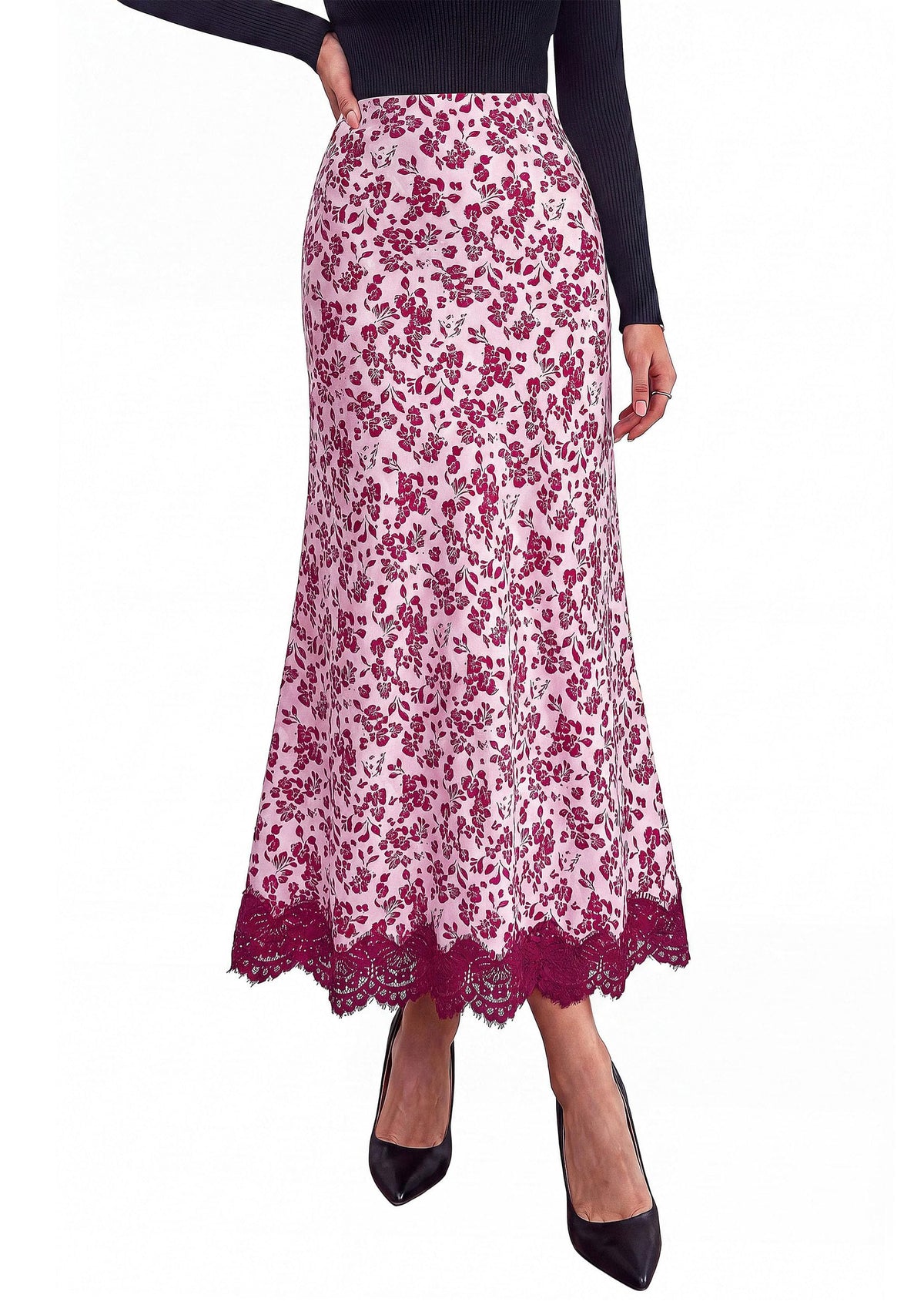 PRETTYGARDEN Women's Flowy Satin Midi A Line Skirt