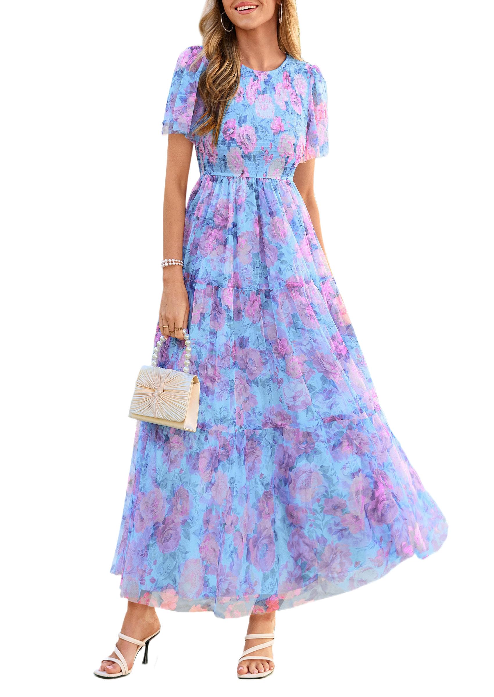 PRETTYGARDEN Tulle Floral Dress Women Summer Wedding Guest  Spring Short Sleeve Maxi Smocked Flowy Beach Party Dresses