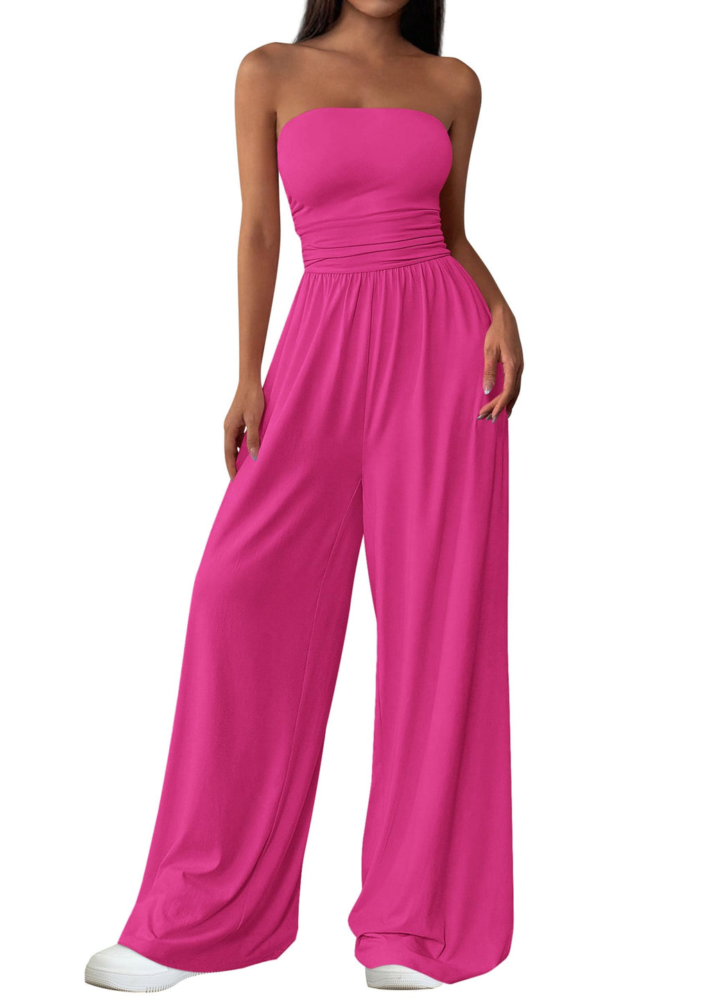 PRETTYGARDEN Womens Trendy Strapless Rompers Ruched Tube Top Wide Leg One Piece Jumpsuits Beach Vacation Summer Outfits