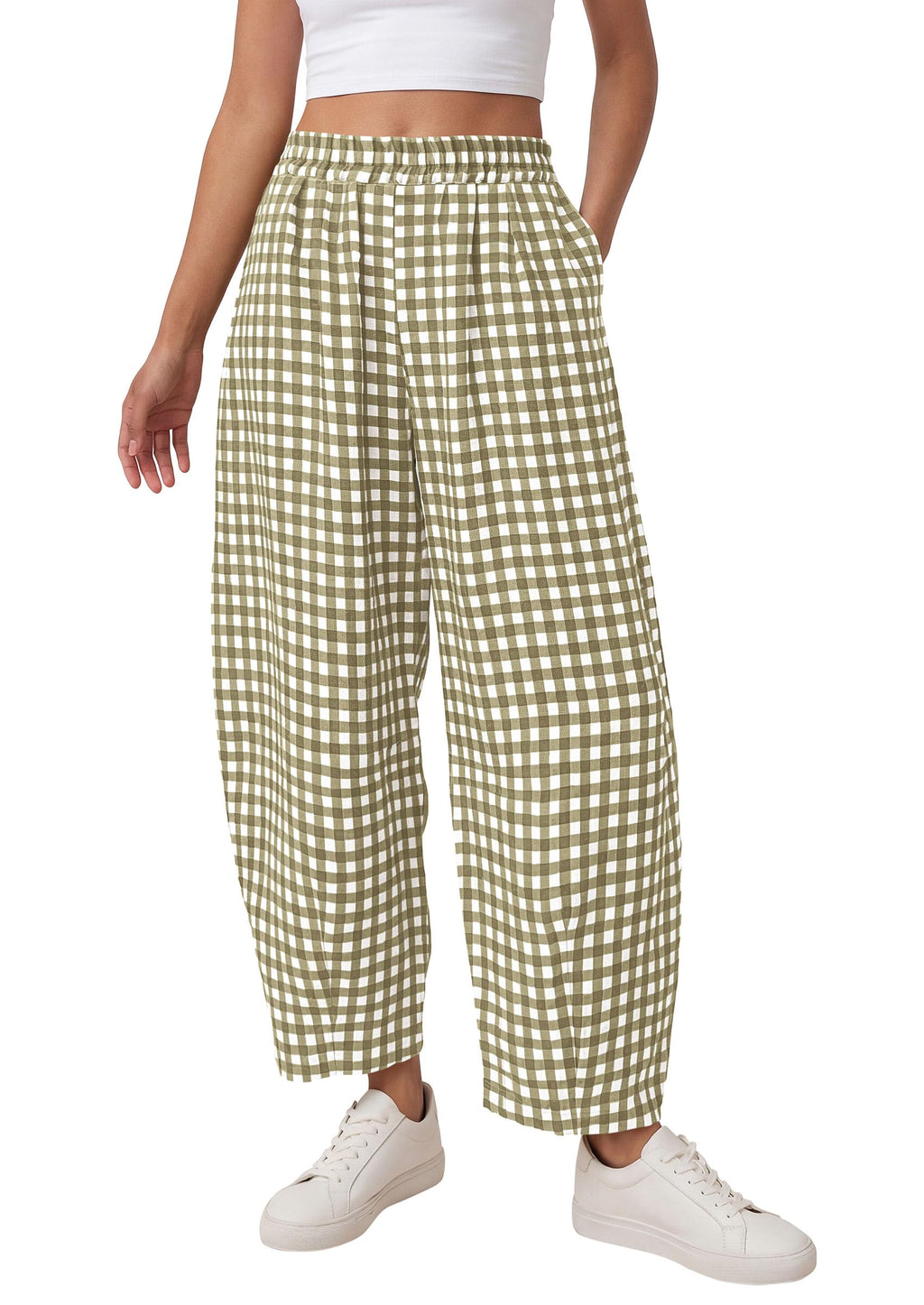 PRETTYGARDEN Plaid Barrel Pants Women Summer Casual Loose Wide Leg Lounge Gingham Trousers Spring Fashion Beach Bottoms