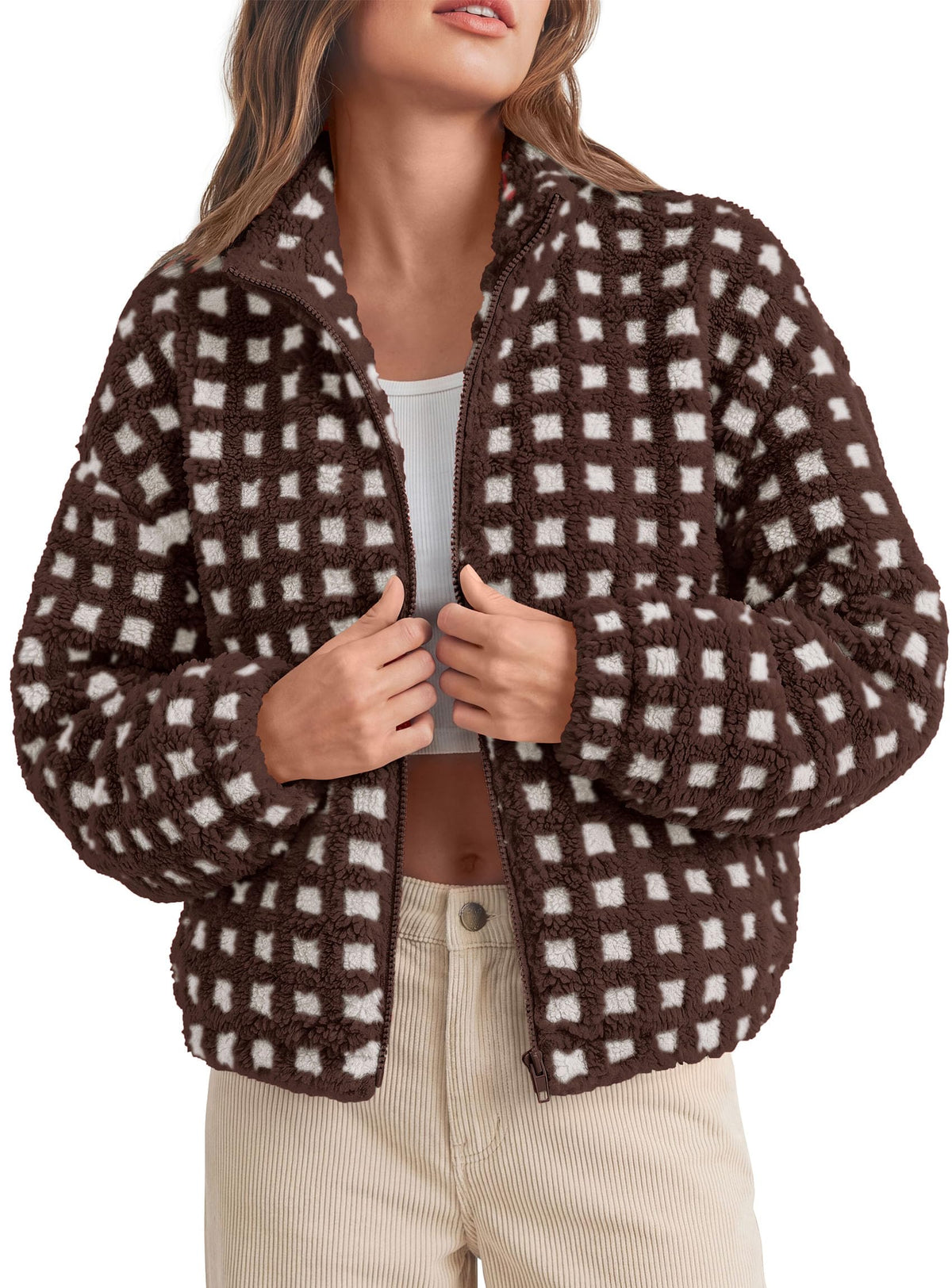 PRETTYGARDEN Women's Gingham Sherpa Fleece Jacket Plaid Cropped Teddy Coat Trendy Y2K Winter Jacket, Zip Up Stand Collar, Side Pockets, Fall Outfit for Casual Daily, Going Out, Streetwear, Outdoor
