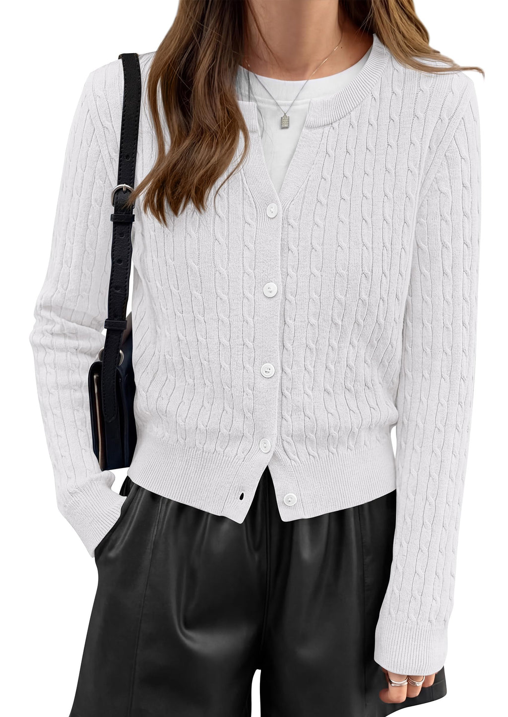 FreshPretty Women's Cable Knit Cropped Cardigan Sweater V Neck Button Down | Soft Lightweight Cable Knit, Long Sleeve, V Neck Button Front, Cropped Ribbed Trim, Business Casual Fall Winter Layering