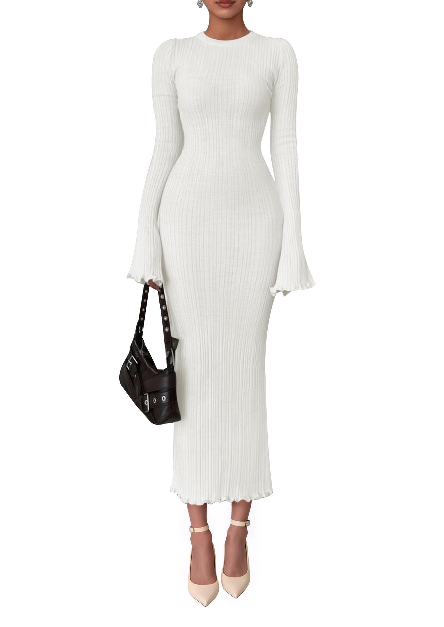 PRETTYGARDEN Sweater Dresses for Women  Fall Bell Long Sleeve Crew Neck Bodycon Maxi Dress Winter Ribbed Knit Outfits