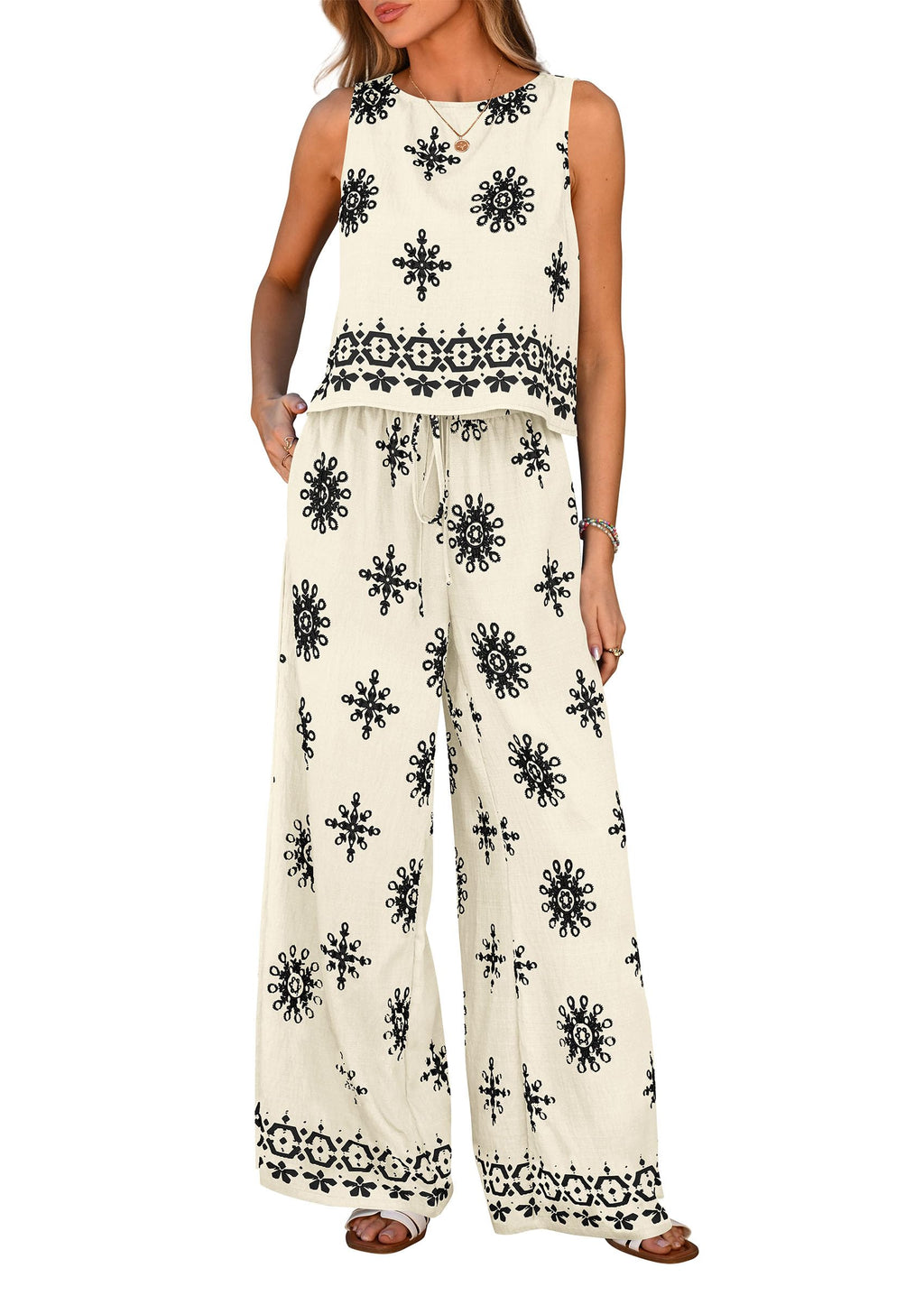 PRETTYGARDEN Women's Summer 2 Piece Lounge Sets Boho Floral Tank Tops Flowy Wide Leg Pants Travel Beach Vacation Outfits