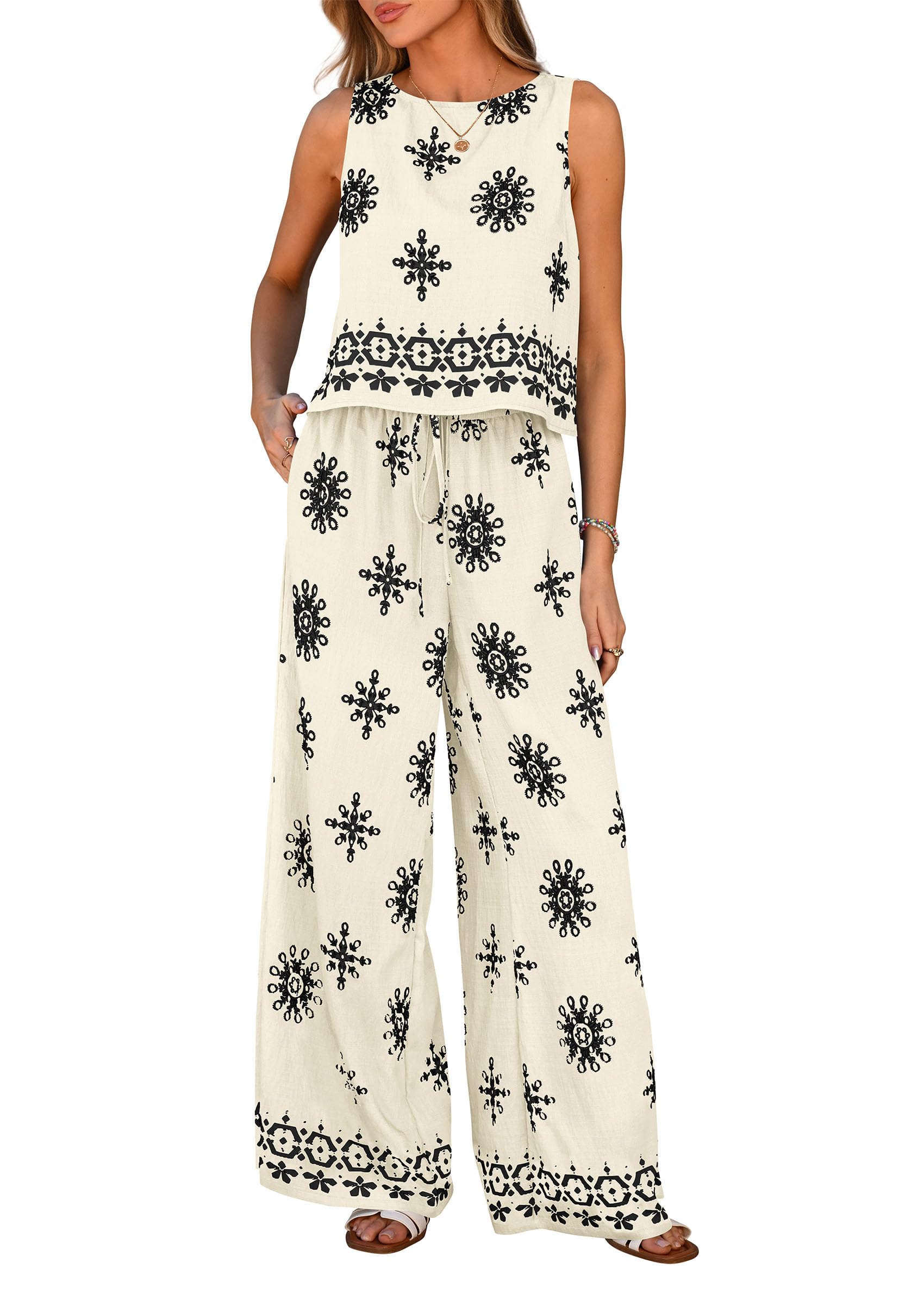 PRETTYGARDEN Women's Summer 2 Piece Lounge Sets Boho Floral Tank Tops Flowy Wide Leg Pants Travel Beach Vacation Outfits