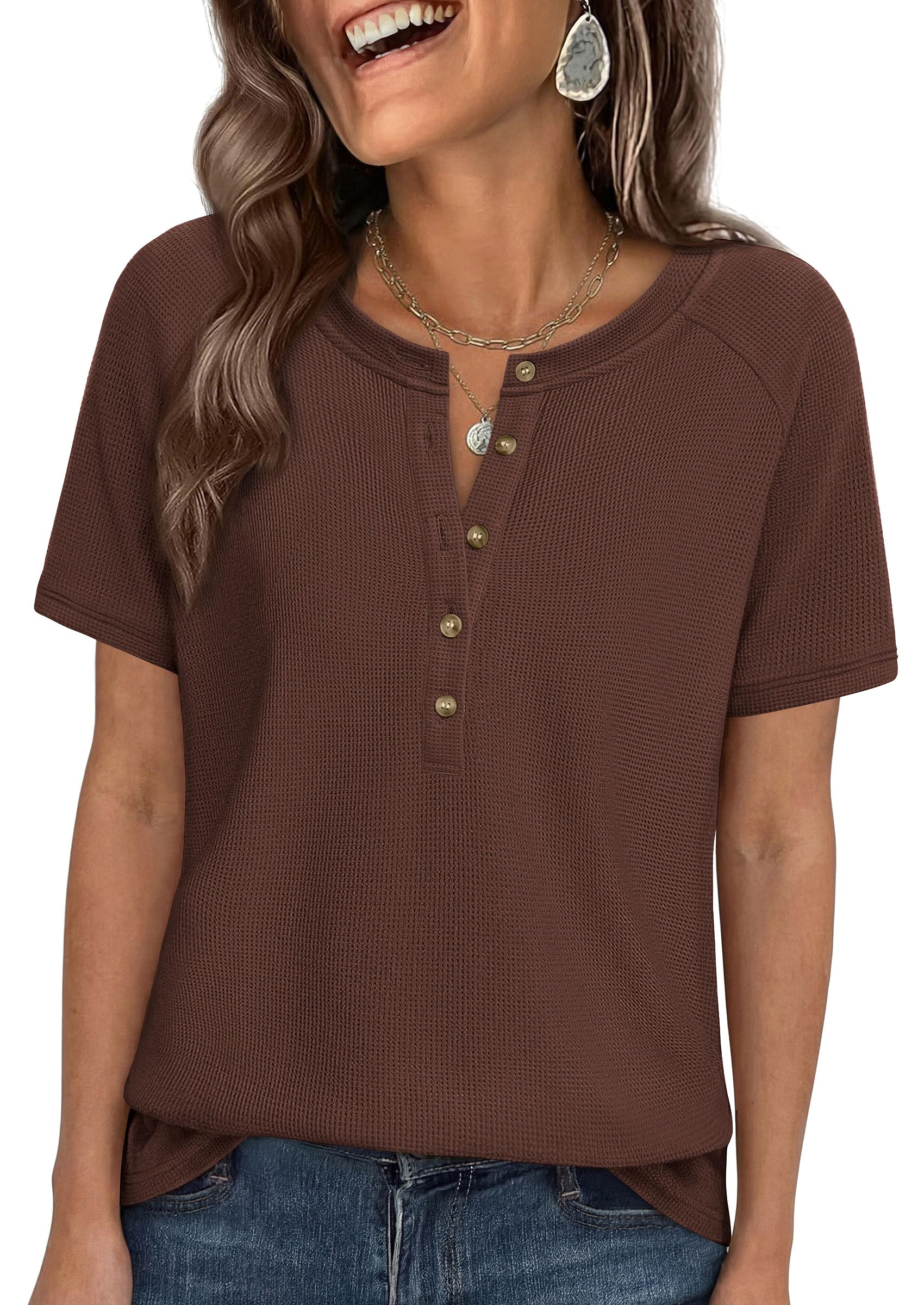 PRETTYGARDEN Waffle Knit Tops for Women Short Sleeve Henley Shirts  Summer Blouses Dressy Casual Spring Fashion Clothes